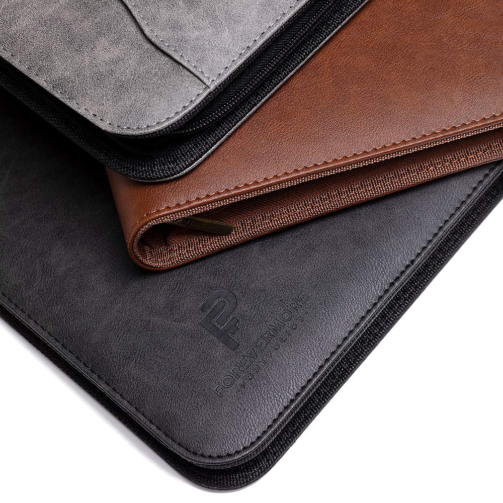 Forevermore Portfolios Padfolio Binder - Professional Faux Leather Travel Organizer Pouch for Tablet, Documents, Presentation Folders, Zipper Closure, Removable 3-Ring Notepad - Brown
