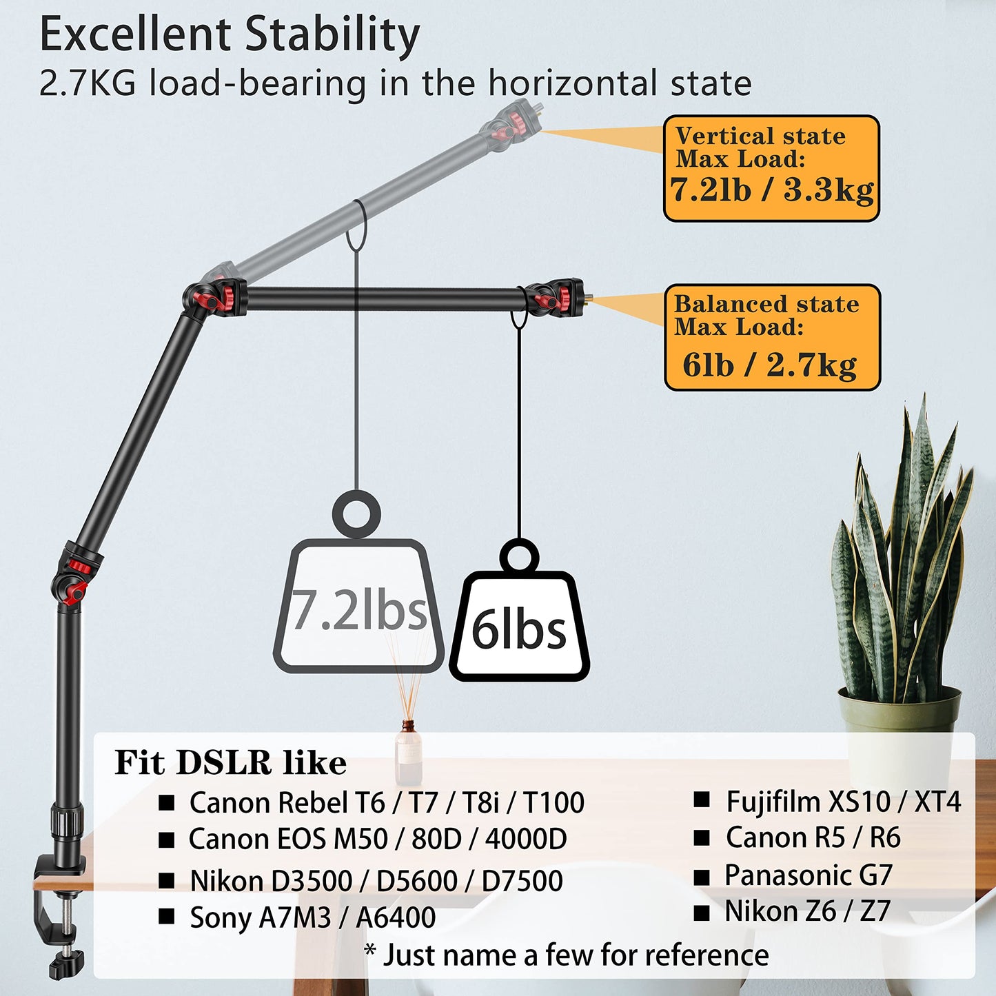 DImotliyor Overhead Camera Mount Desk Stand, 3-Section Flexible Detachable Articulating Arm with 1/4“ 3/8" 5/8" Screw&360° Ball Head, C-clamp Tabletop Mount for DSLR Camera/Webcam/Microphone/Lights