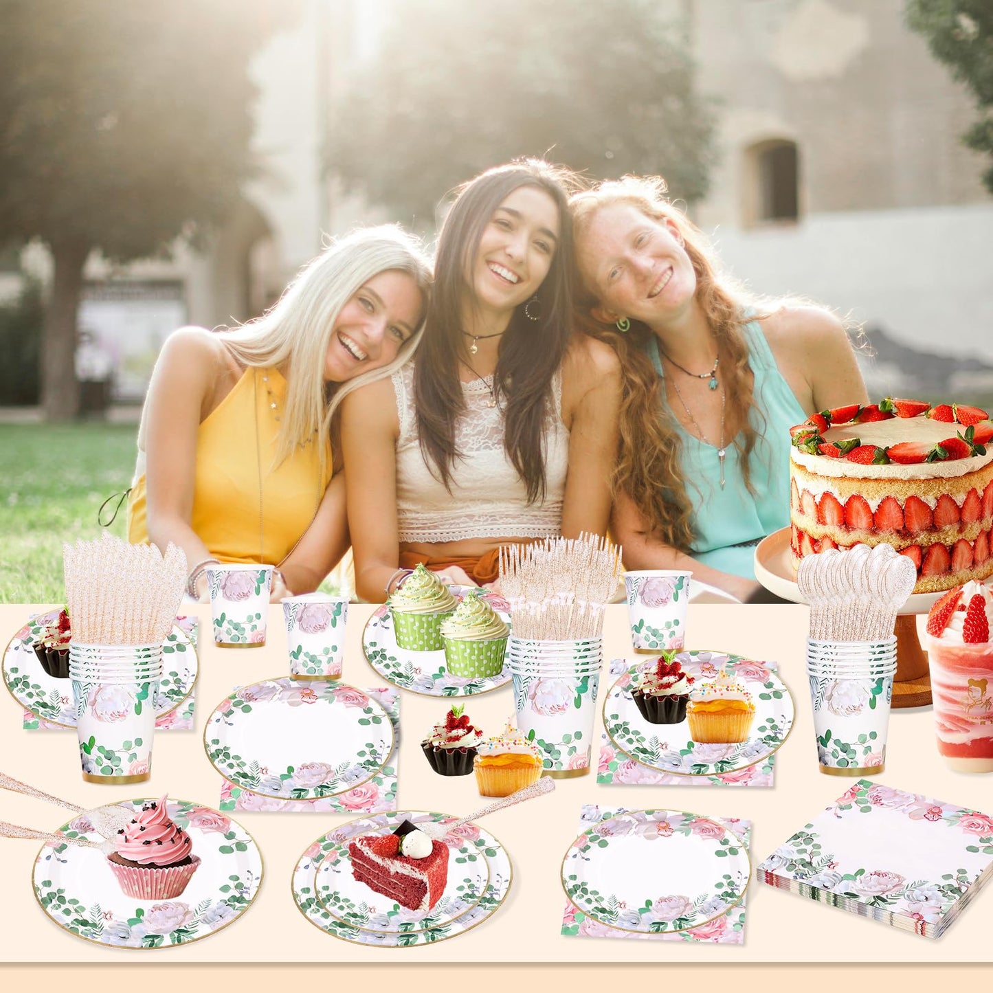 AWLZJZQA 350 PCS Floral Plates and Napkins Party Supplies Serve 50 Flower Disposable Paper Dinnerware Sets for Adults Bridal Shower Decorations Baby Shower Birthday Wedding Engagement Tea