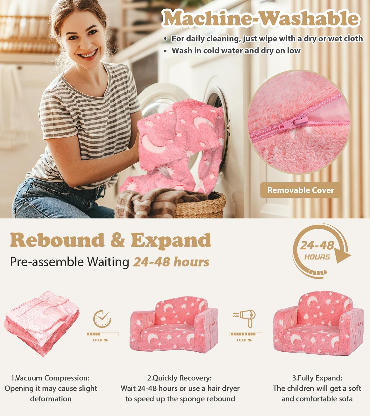Kids Couch, 2-in-1 Soft Toddler Couch Fold Out with Blanket and Cloud Pillow, Glow in The Dark, Convertible Sofa, Gifts for Kids Girl Boys, Medium Pink Moon