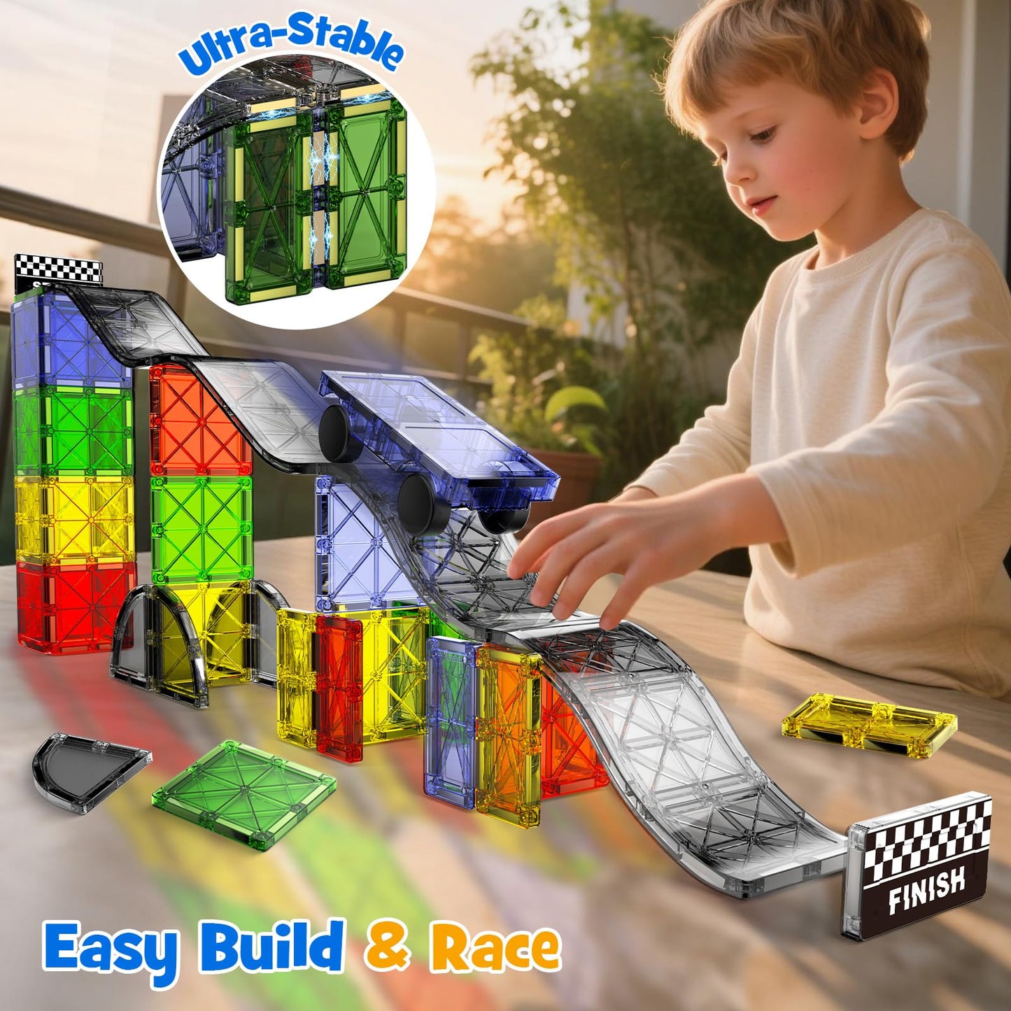 WMXDU 2-in-1 Magnetic Tile Downhill & Road Set - 40PCS Magnetic Building Blocks with Car, Montessori Preschool Toys for 3+ Year Old Boys & Girls, Ideal Sensory Toys for Toddlers