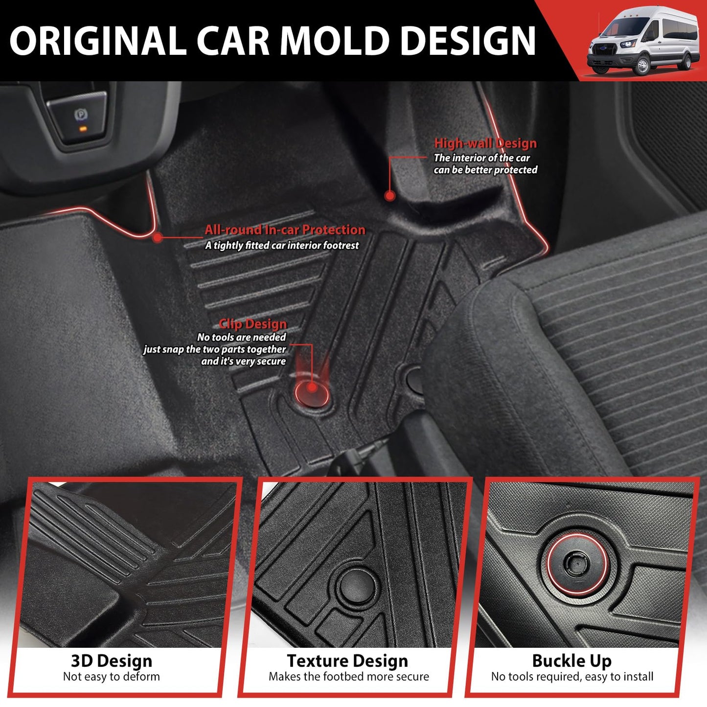 Utiiy Floor Mat Front Liner Fit for 2022 2023 2024 Ford Transit (All Models W/Vinyl Floors) TPE All Weather Mat for 2022 2023 2024 Ford Transit Front 1st Row Accessories