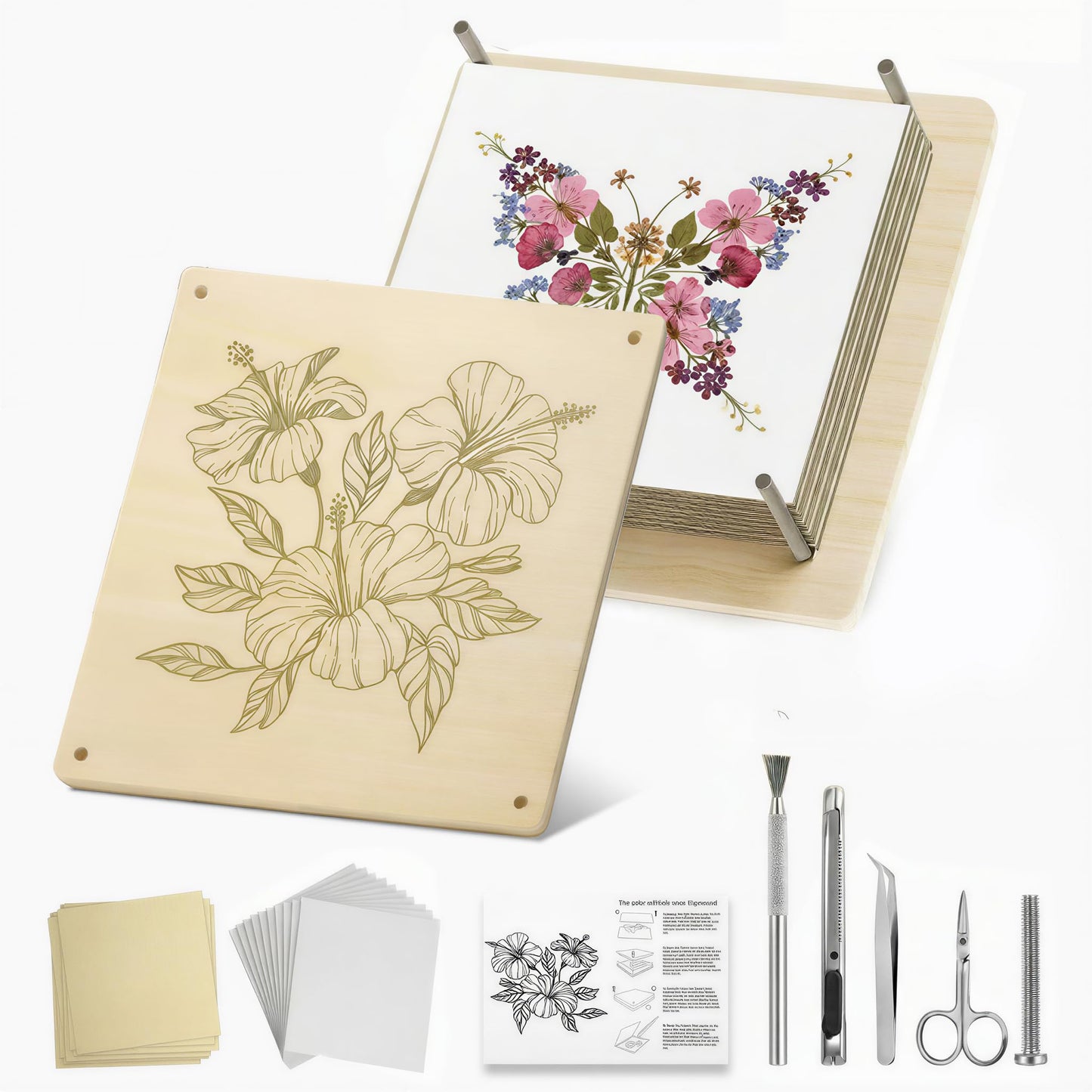 FOCHIER F Flower Press Kit for Adults & Kids, Extra Large Wooden Flower Press Kit with Tools, 30 Blotting Papers, for Pressed Flowers, Resin Art, DIY Crafts & Flower Preservation