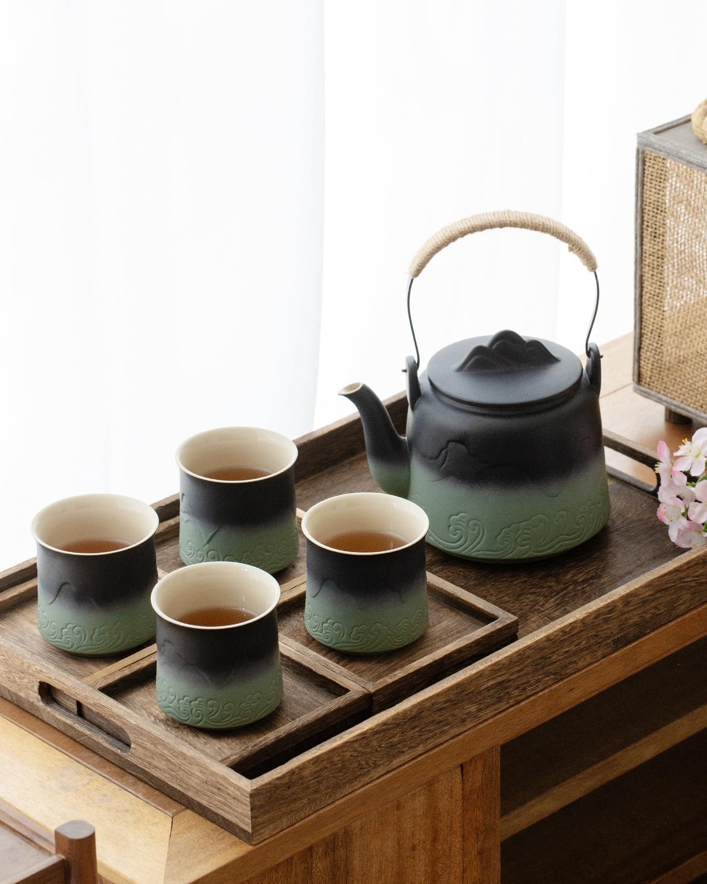 ZENS Vintage Japanese Tea Set with 4 Tea Cups, 33.8 oz Embossed Ceramic Loose Leaf Teapot with Built-in Strainers for Tea Steeper, Hemp Rope Handle Gradient Japanese Tea Pot for Tea Lovers Gifts
