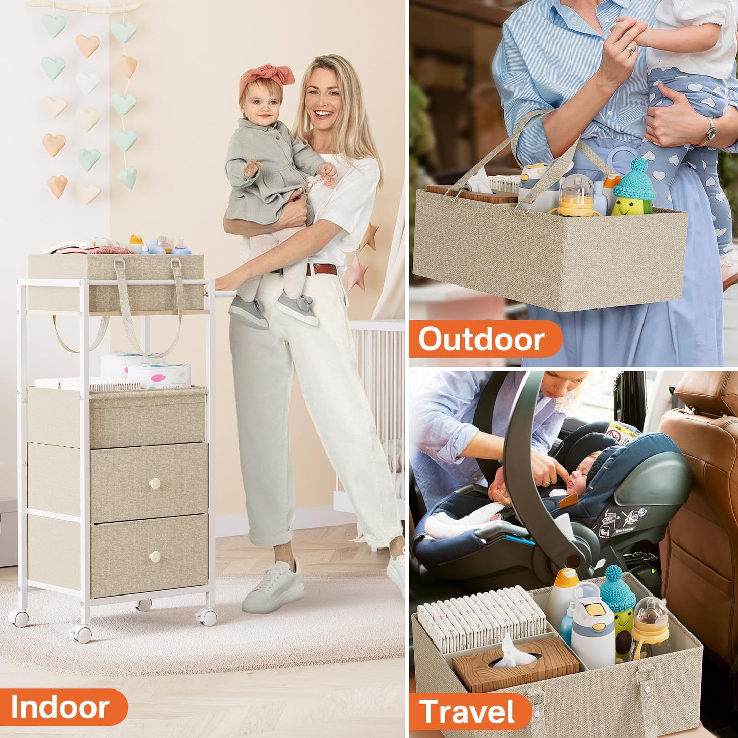 Modanais Baby Diaper Caddy Organizer Cart with Drawers - 3In1 Rolling Storage Cart with Wheels, Removable Diaper Caddy, Detachable Dividers - for Crib, Bedroom, Art & Craft Organizer (Off White)