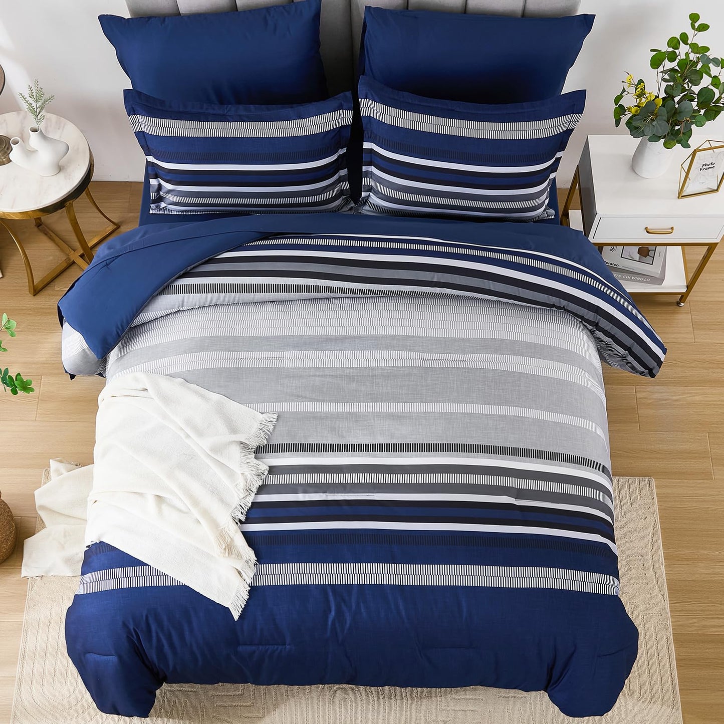 Dobuyly Navy Blue Queen Comforter Set 7 Pieces, Boho Striped Bed in a Bag Queen Size Soft Microfiber All Season Bedding Set with Comforter, Sheets, Pillowcases & Shams