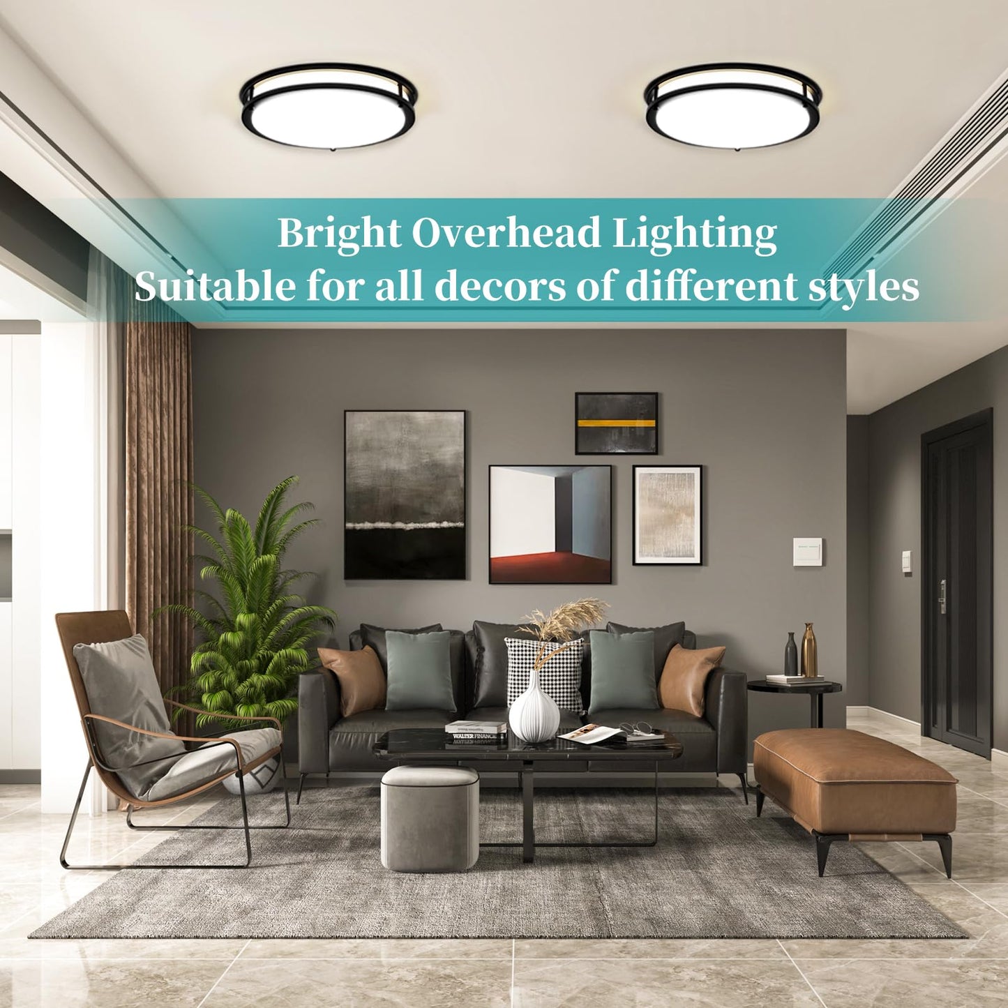 16Inch LED Ceiling Light Fixtures, Flush Mount Light Fixtures 50W, 5CCT Adjustable 2700K 3000K 4000K 5000K 6500K, Close to Ceiling Light for Kitchen Hallway Bathroom Kitchen Bedroom Black 2 Packs