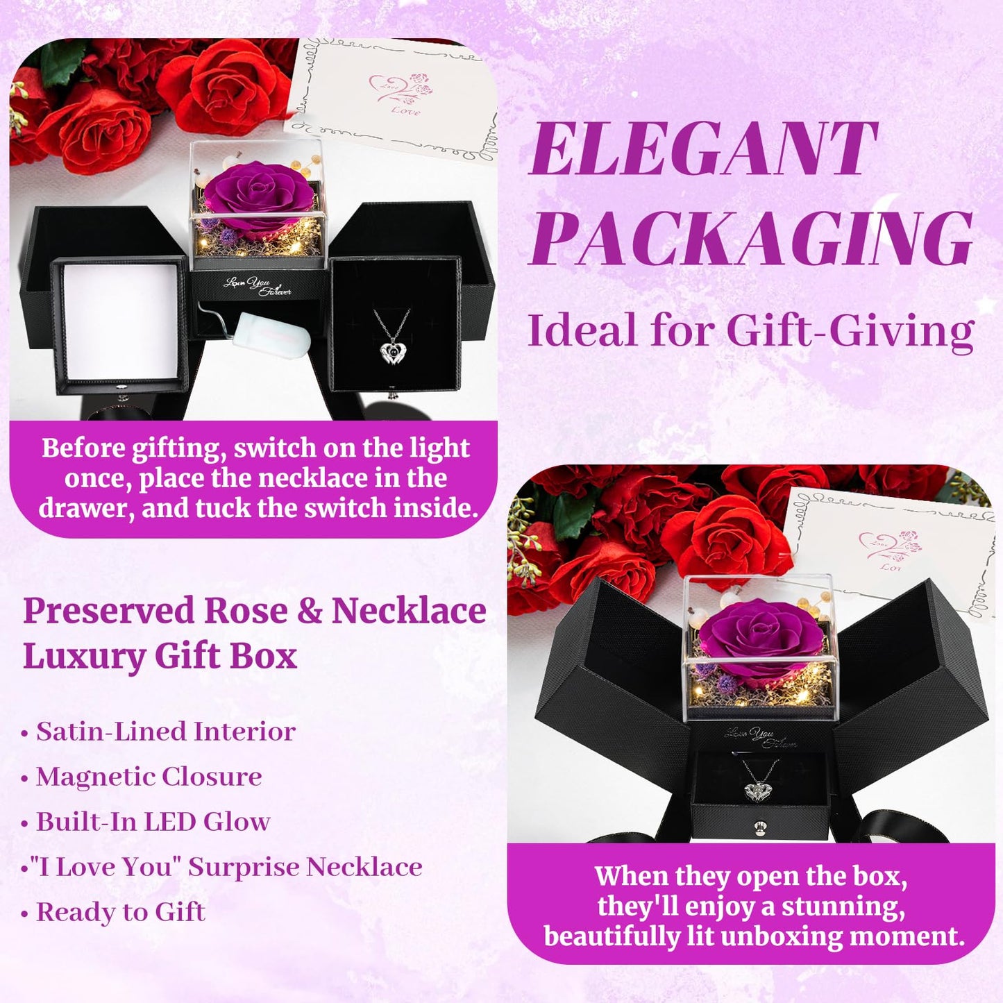 FIACO Gifts for Women Preserved Real Roses with I Love You Necklace Fresh Forever Flowers Birthday Gifts for Mom Grandma Wife Girlfriend on Anniversary Christmas Valentines Romantic Gift