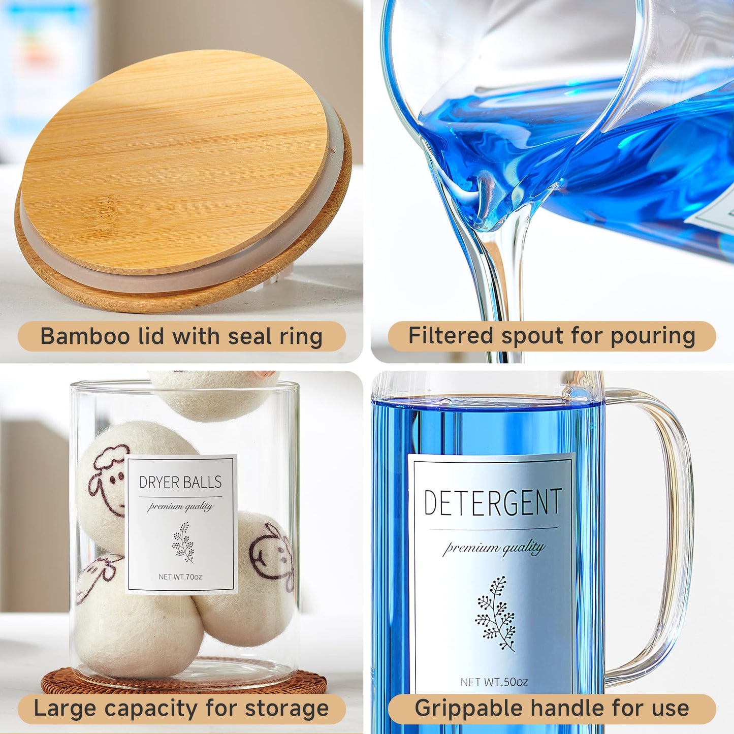 Glass Laundry Detergent Dispenser Set - 2x50oz & 2x70oz Borosilicate Containers with Bamboo Lids, Handle& Labels, Stores Powder,laundry pods,Fabric Softener, for Laundry Room organization and Decor