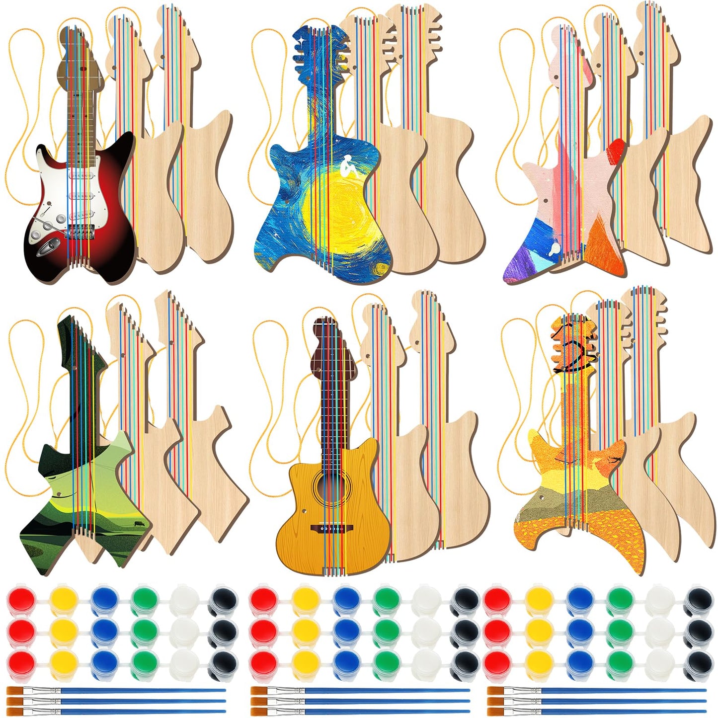 Syhood 36 Pcs 18 Sets DIY Wood Guitar for Kids (6 Difference Designs) with Pigments (6 Colors), Christmas Kids Gift for Boys Girls Crafts Art Birthday Class Party Music Theme Party(Trendy Style)