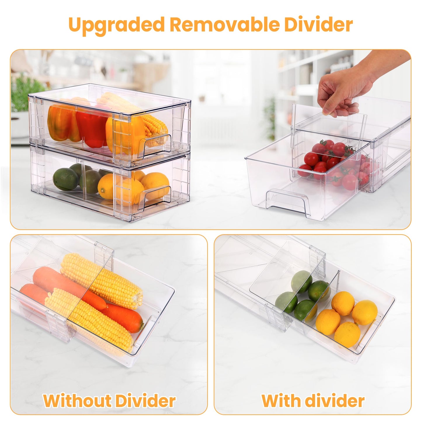 4 Pack Stackable Storage Drawers with Handles, Easy Assembly Clear Acrylic Fridge Organizer, Refrigerator Organizers and Storage for Kitchen, Under Sink, Pantry, Bathroom