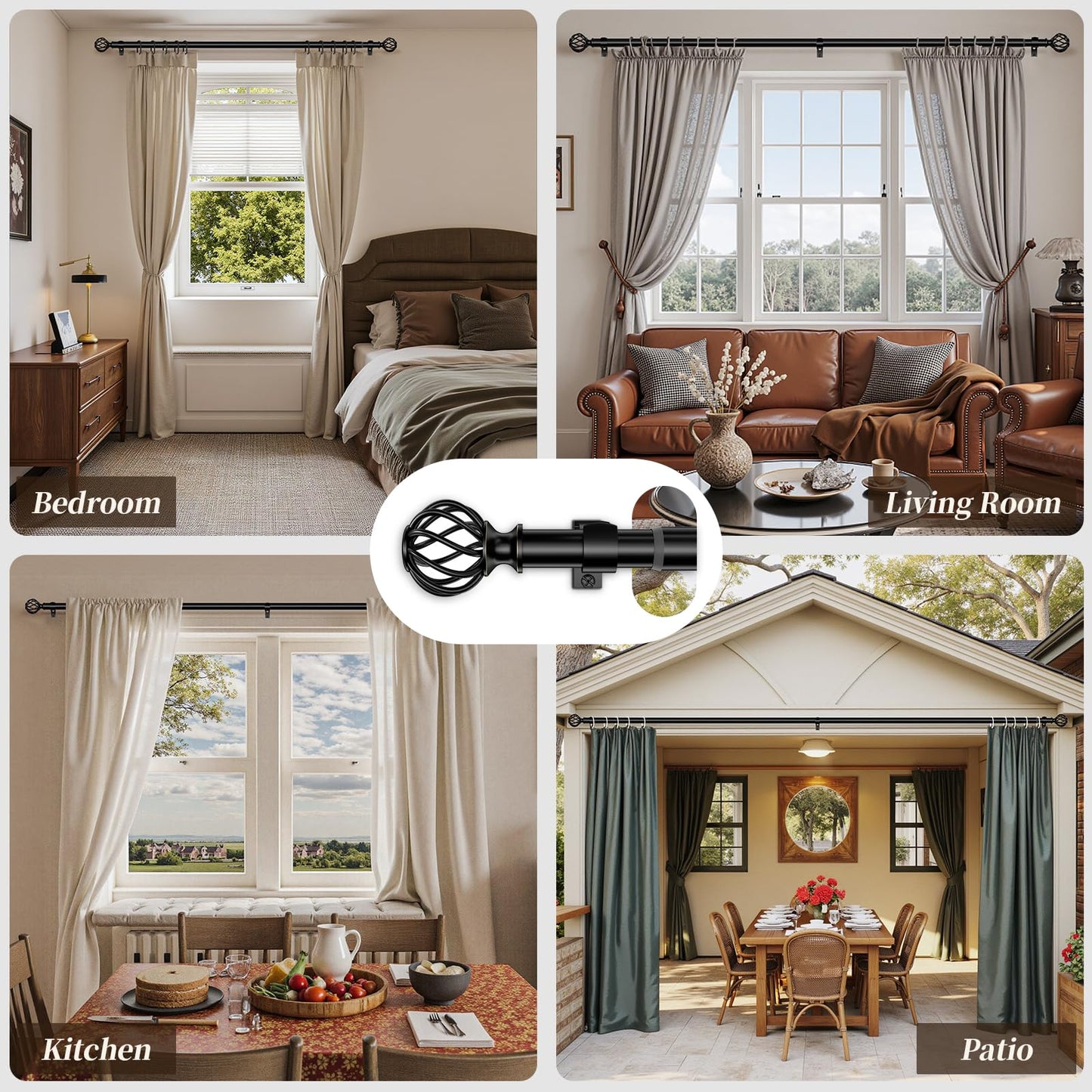 Curtain Rods for Windows 36-120 Inch(3-10Ft), Matte Black Long Decorative Curtain Rod Adjustable, Heavy Duty 1 Inch Drapery Rod for Living Room Bedroom Kitchen Outdoor