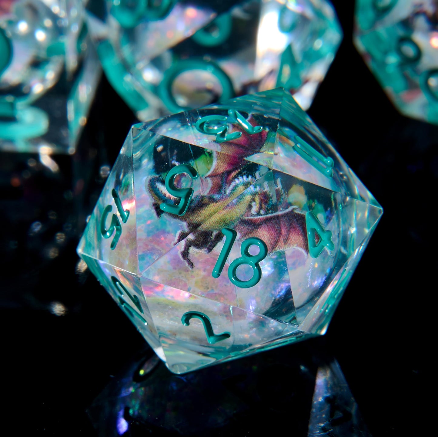 YZDHERO Dragon Polyhedral Dice Set, 7-Piece Clear Resin with Liquid Core, Sharp Edge Fantasy Dice with Teal Numbers, Dragon Artwork for D&D RPG Games