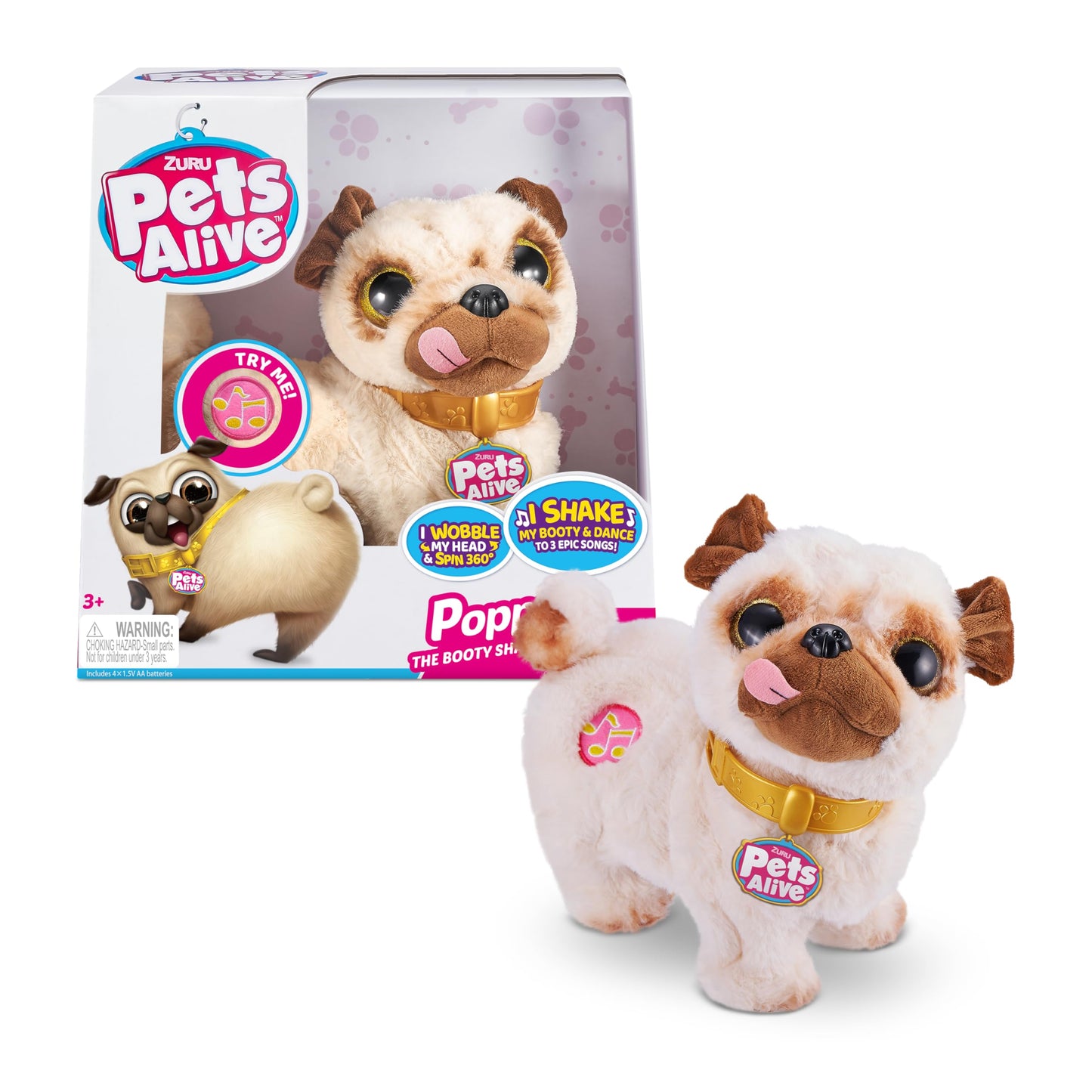 Pets Alive Poppy The Booty Shakin’ Pug – Interactive Dancing Plush Puppy by ZURU Robotic Realistic Soft Dog Plush Stuffed Animal Toy for Kids, Girls