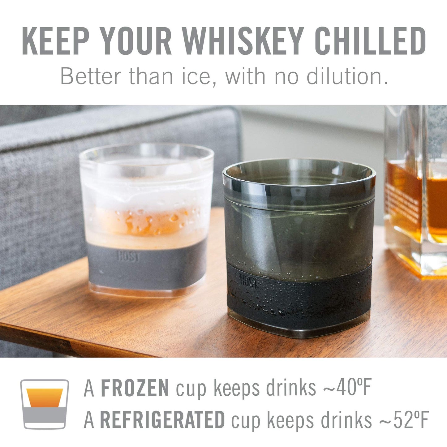 Host Whiskey Freeze Glasses, Double Old Fashioned Glasses with Oak Wood Design Silicone Band, Chill Without Dilution for Bourbon, Vodka, Rum, Bourbon Gifts for Men, Gifts for Him, 9 oz, Set of 2