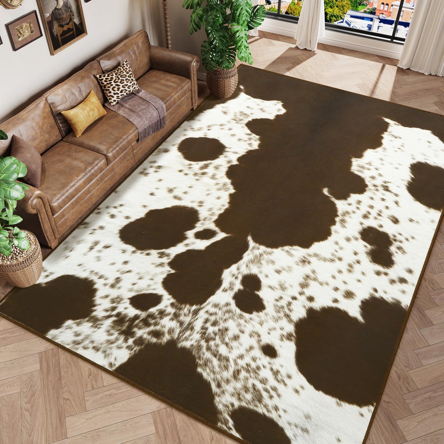 Amearea Faux Cowhide Rugs for Living Room, 5x7 Feet Machine Washable Cow Print Area Rug for Bedroom, Premium Western Home Decor Animal Print Non-Slip Throw Rug Carpet for Dining Room Kitchen Office