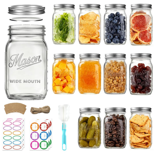 Dralaw Mason Jars 32 oz,12 Pack Large Wide Mouth Mason Jar with Airtight Lids and Bands|Quart Glass Canning Jars for Pickling, Fermenting and Food Storage Microwave&Dishwasher Safe (12pack)