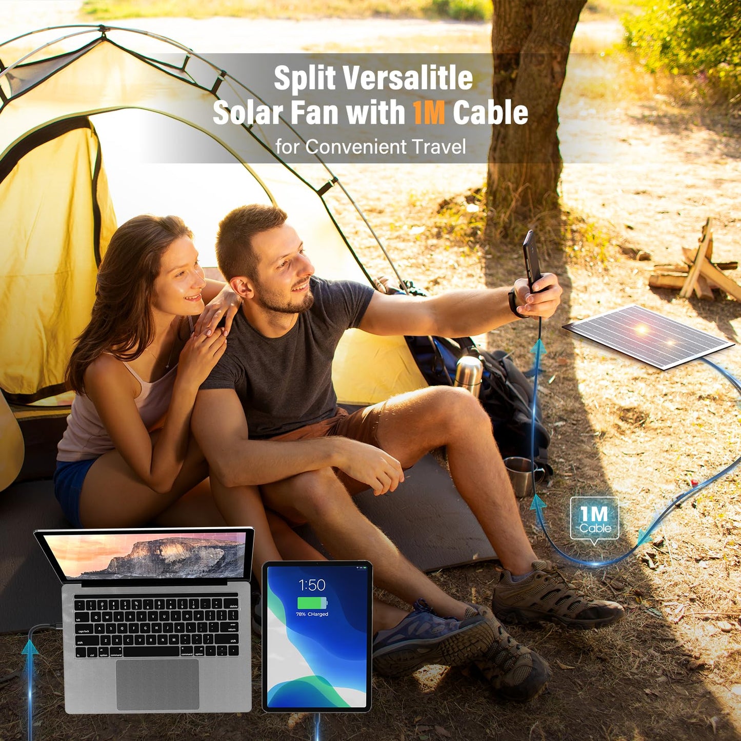 JINLICTE Solar Fan with LED Lantern, Camping Fan with 7W Solar Panel, Rechargeable Solar Powered for Outside, Quiet Battery Operated Tent for Picnic, Barbecue, Fishing, Travel