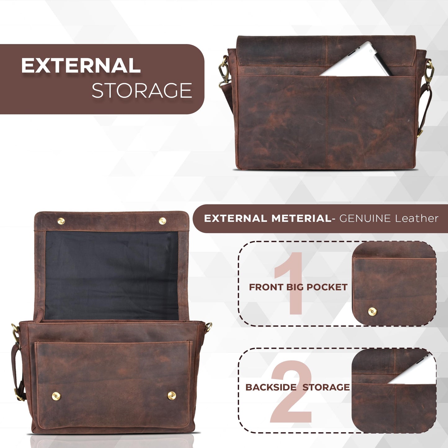 Leather messenger bag for men & women- Laptop briefcase bag for college,office adjustable shoulder strap