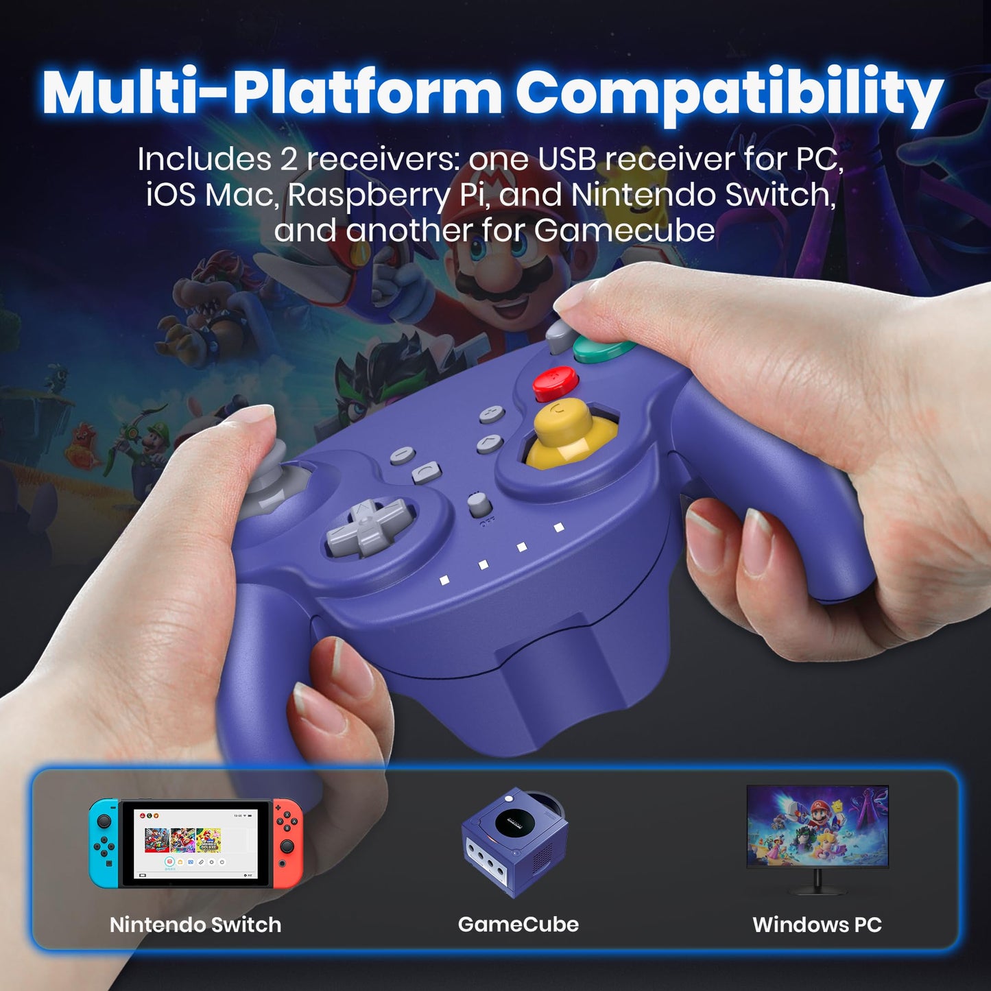 2 Pack 2.4 GHz Wireless NGC Switch Online Controller, GameCube & USB Receiver, Compatible with Windows PC iOS Mac Raspberry Pi Steam GameCube/Switch (Rechargeable) (Plug and Play) (Vibration) Indigo