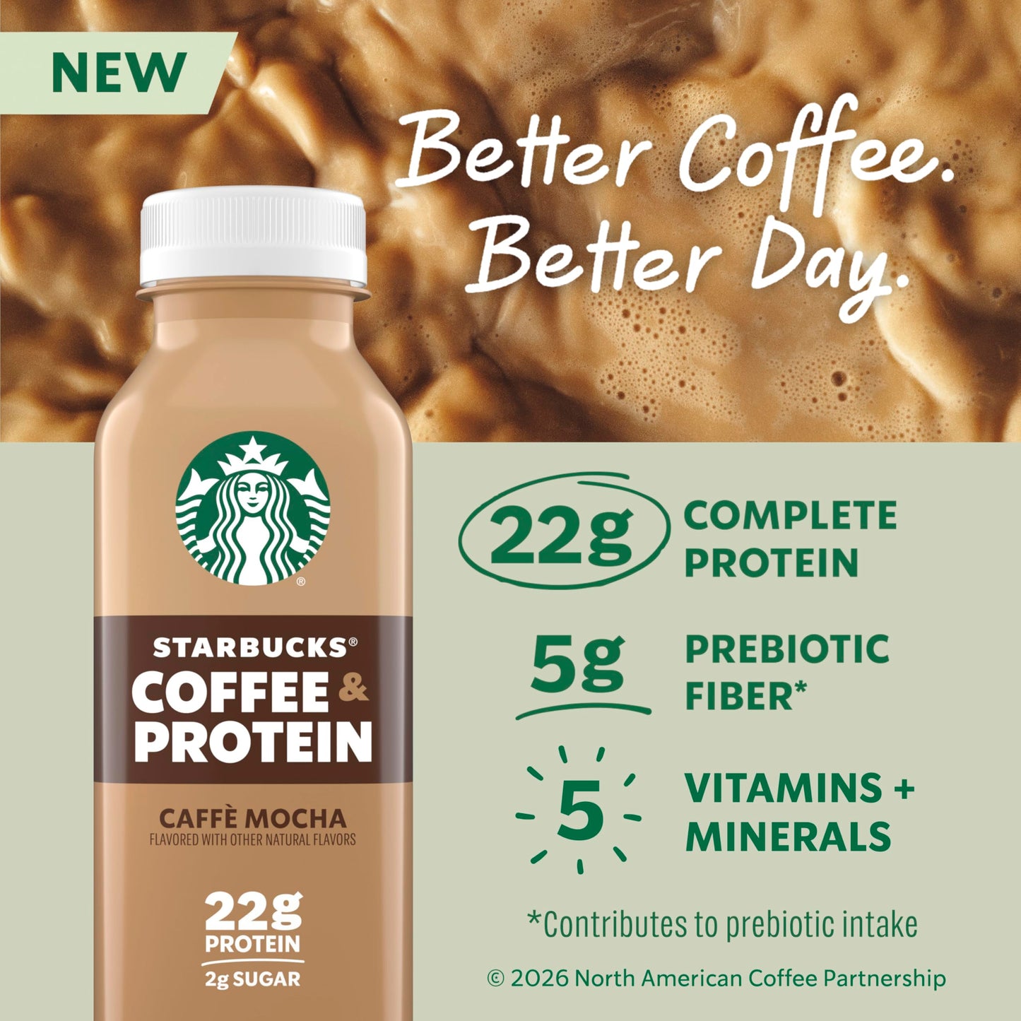 Starbucks Coffee & Protein, Caffe Mocha, 12 fl oz Bottles, (12 Pack), 22g Protein, 2g Sugar, No Added Sugar, 5g Prebiotic Fiber, High Protein Iced Coffee