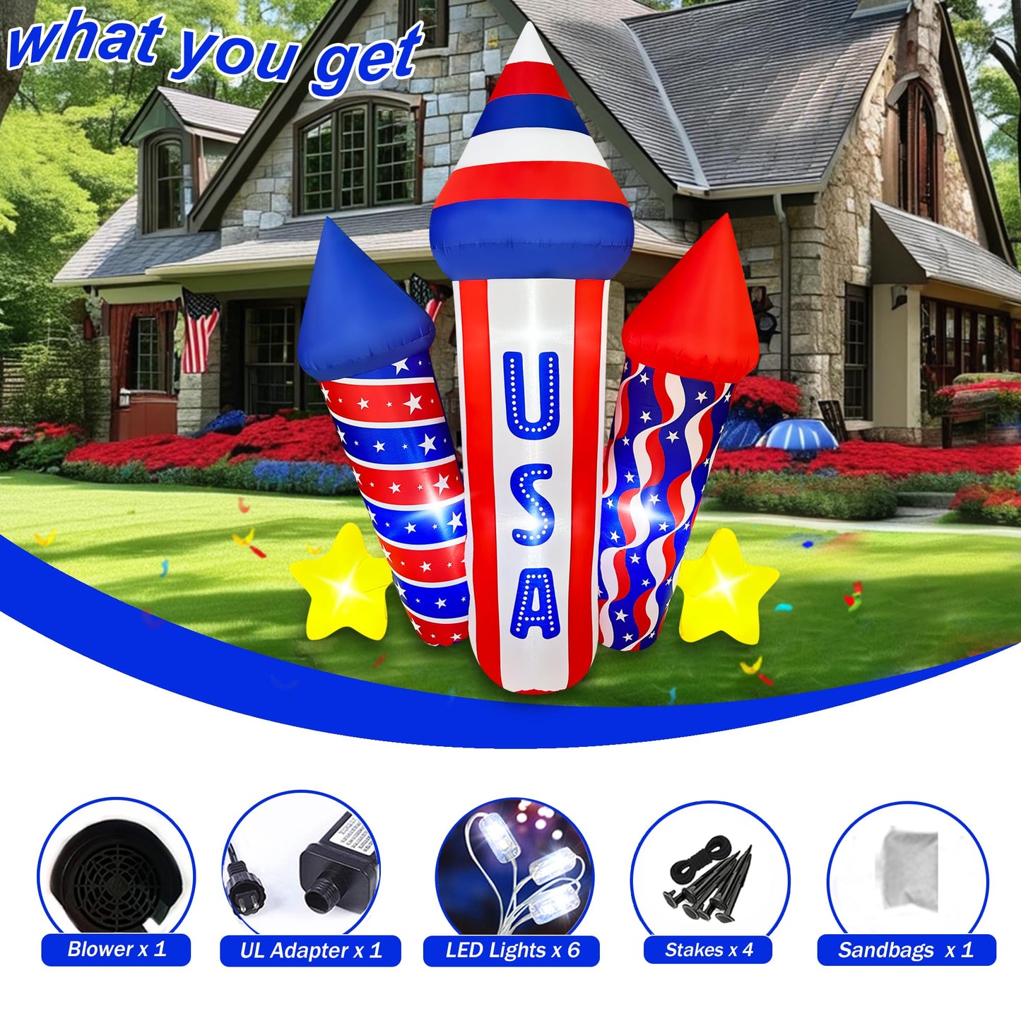 SEASONBLOW 5 Ft 4th of July Inflatables USA Rocket Decoration, LED Lighted Patriotic Independence Day Blow Up Firecracker Decor for Lawn Yard Garden Home Memorial Day 250th Anniversary