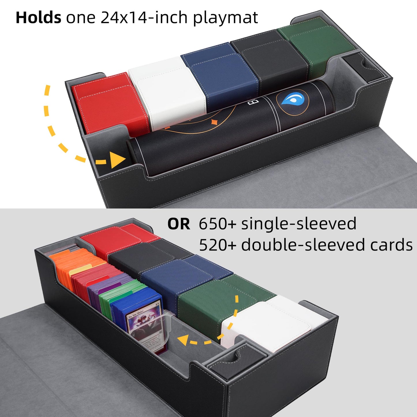 AFIING MTG Deck Box 6 In1 with MTG Playma,Premium Card Storage Box with 5 Pcs MTG Deck Box Holds 2400+ Trading Cards, Large TCG Card Deck Case for Magic Yugioh Sports Cards (Black&Grye)