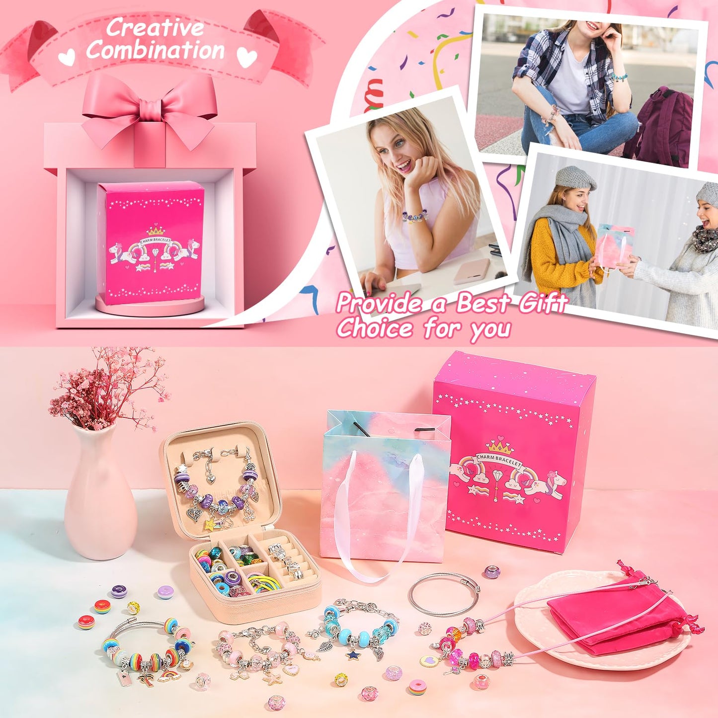Charm Bracelet Making Kit, 140 PCS DIY Craft Bead Sets Jewelry Making Kit, Portable Bracelet Organizer Gift Box for Birthday Christmas Stocking Gift