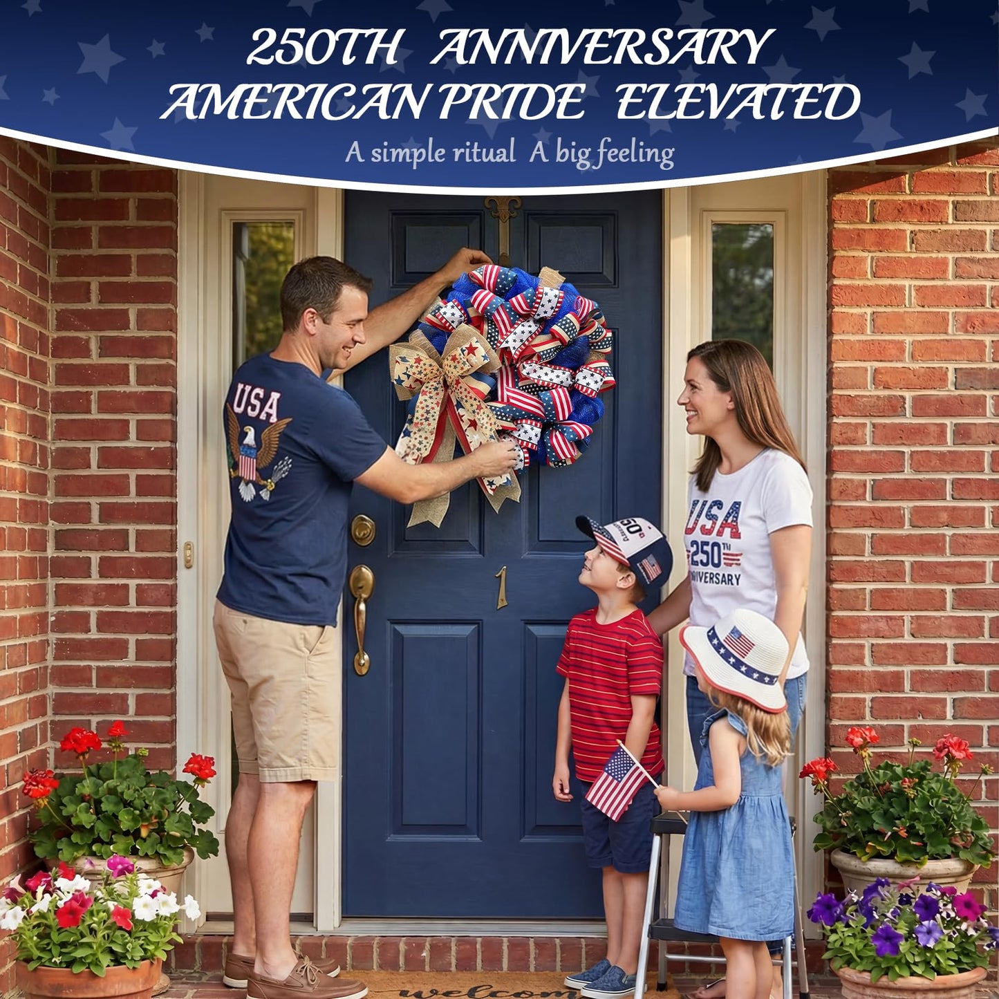 Presentastic 250th Anniversary Patriotic Wreaths for Front Door, 24 Inch Large 4th of July Decorations, Handcrafted Ribbon Burlap Bow, Red White and Blue Memorial Day Wreath with Lights & Storage Bag