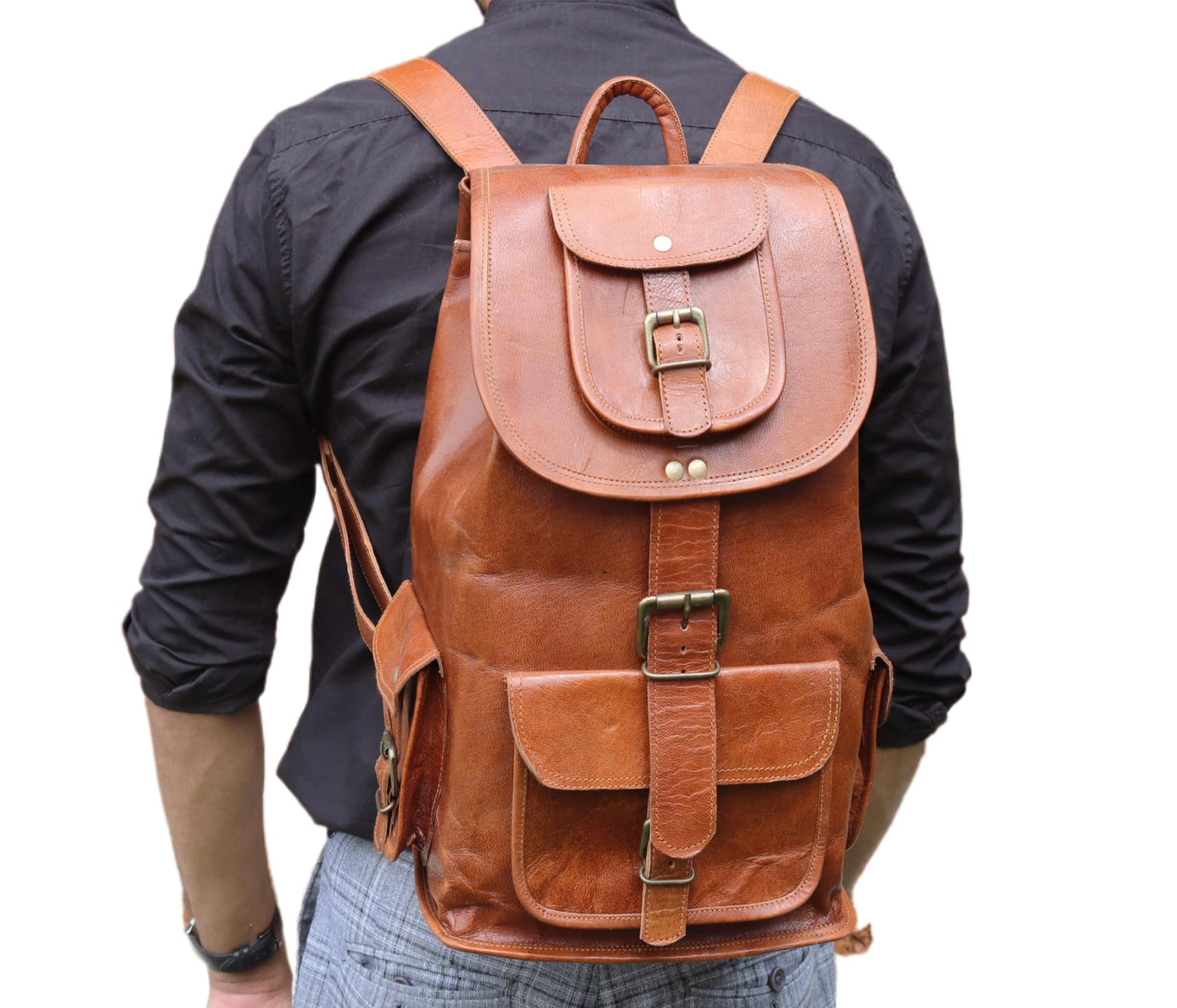 Jaald 18" Leather Laptop Backpack Vintage Rucksack Daypack College Bag School Picnic Bag Full Grain Leather