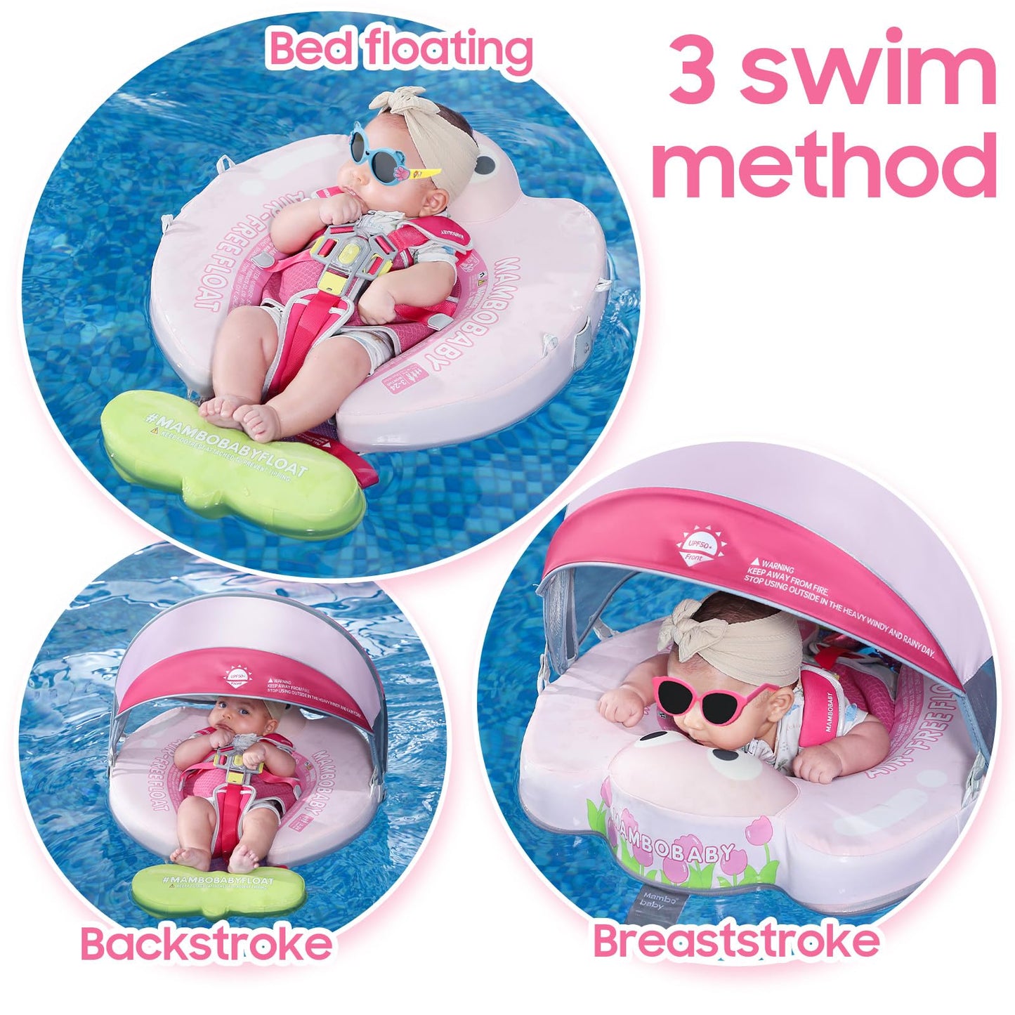 3 Swim Method Add Bed More Comfortable Mambobaby Float with Tail and Canopy Non-Inflatable Baby Swim Float Mambo Float Smart Swim Trainer Infant Swim Pool Float Swim Ring for 3-24months Girls Boys