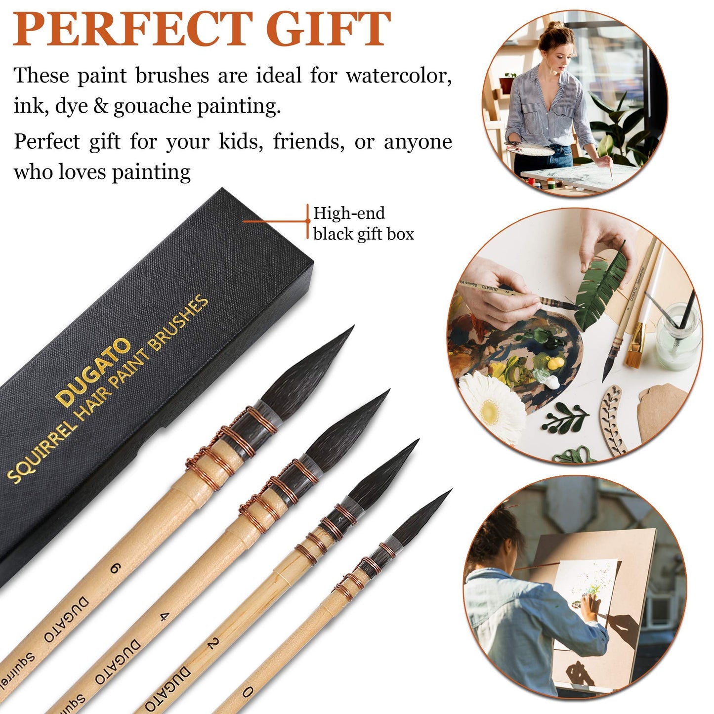 Professional Watercolor Paint Brushes, Round Squirrel Hair Paint Brush Set for Art Painting, Gouache, Fine Detailing, Acrylic, Gouache, Oil (4 Brushes)