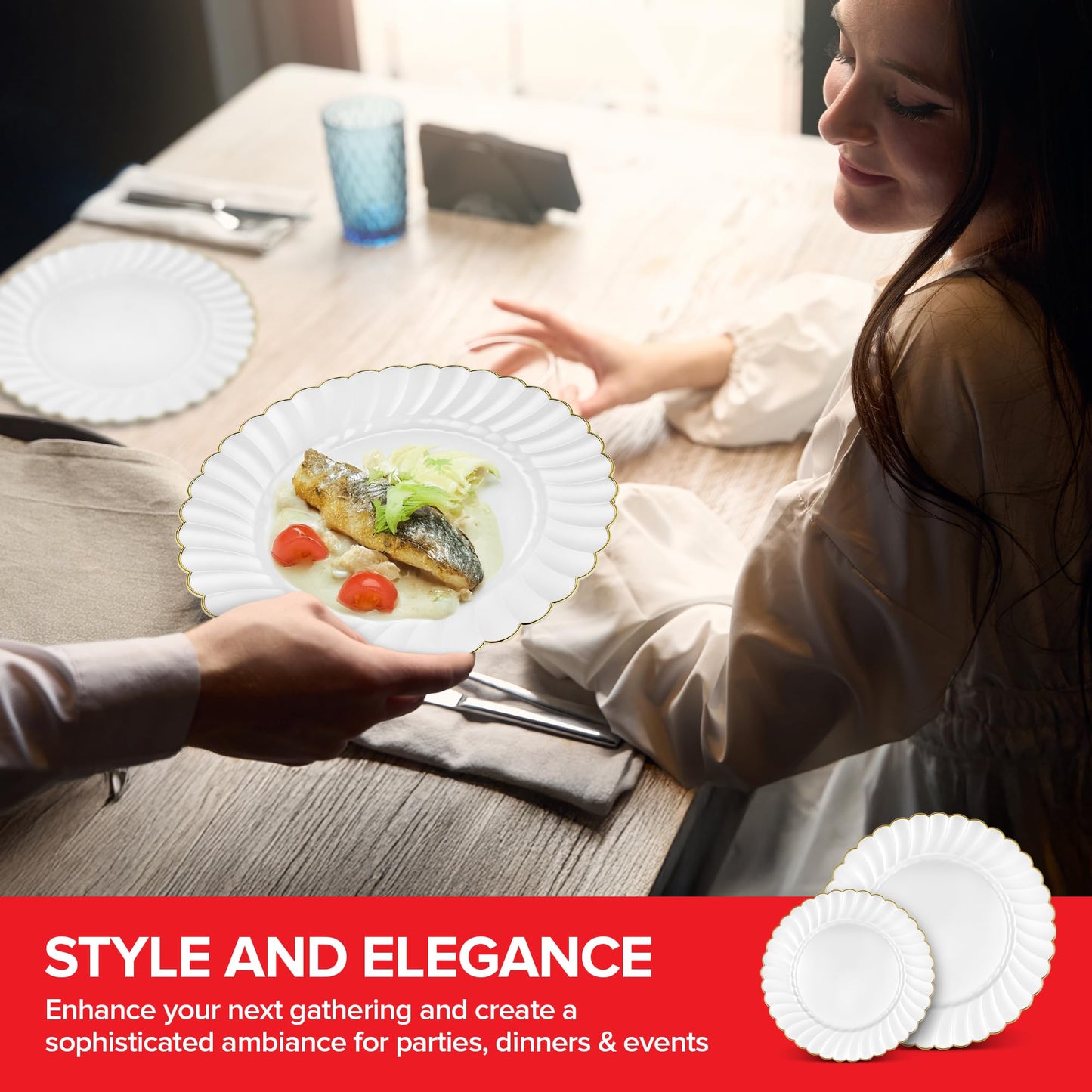 Stock Your Home 100 Pack – Elegant Ivory & Gold Scalloped Plastic Plates – Heavy-Duty Disposable Cream Plates with Gold Rim for Thanksgiving, Holidays, Dinners & Parties