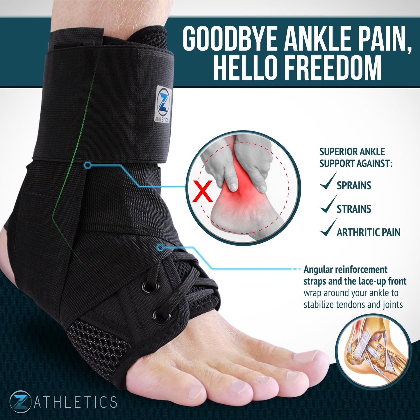 Z ATHLETICS Zenith Ankle Brace, Lace Up Adjustable Support – for Running, Basketball, Injury Recovery, Sprain! Ankle Support Wrap for Men, Women, and Children (Black, Medium)
