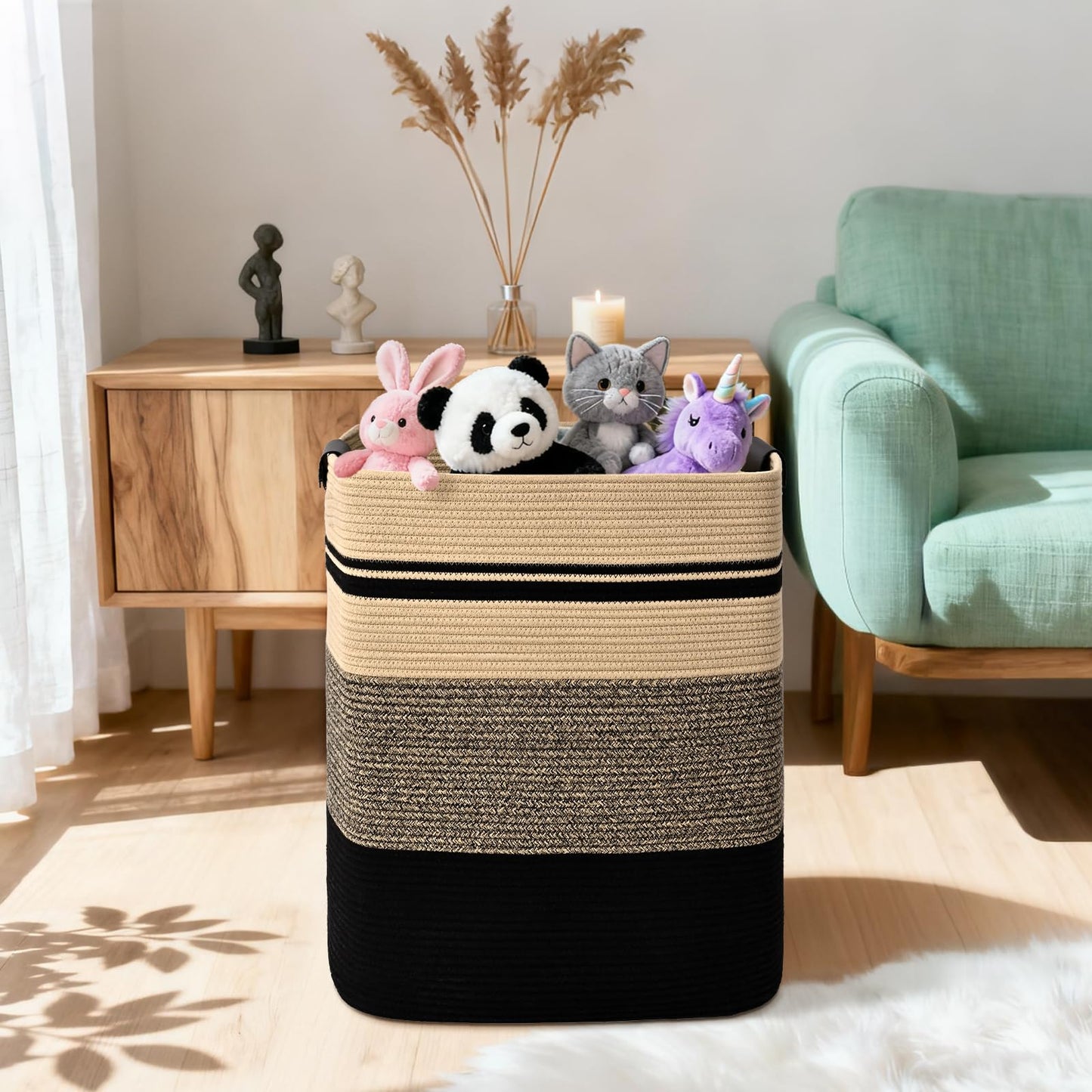 Degeyoyo Laundry Hamper, 95L Tall Laundry Basket with Leather Handles, Rectangle Large Clothes Hamper for Organizing, Cotton Woven Laundry Baskets Storage Hampers for Bedroom, Nursery, Living Room