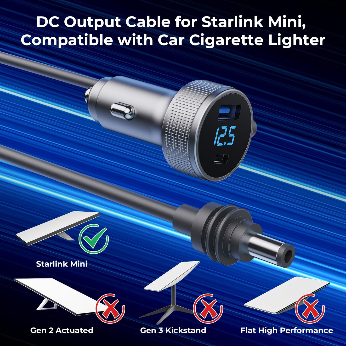 Starlink Mini Cable, 3 in 1 Starlink Mini Car Charger DC Power Cable+ Cigarette Lighter Adapter 12V-48V with Digital Display, Durable USB C PD 40W and USB A 35W Ports for Trucks and Cars (16.4FT)