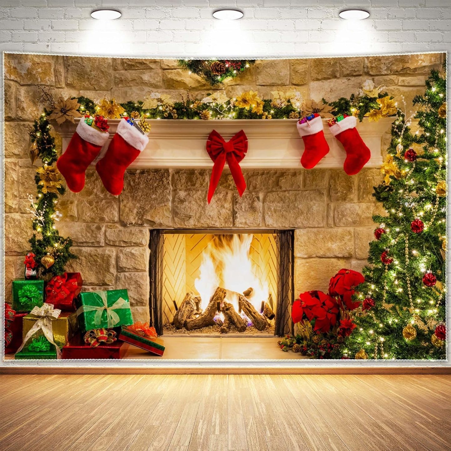 Haboke 10x8ft Christmas Fireplace Theme Backdrop for Photography Soft Wrinkle Free Fabric Tree Sock Decorations for Xmas Party Supplies Photo Background Pictures Banner Studio Decor Booth Props