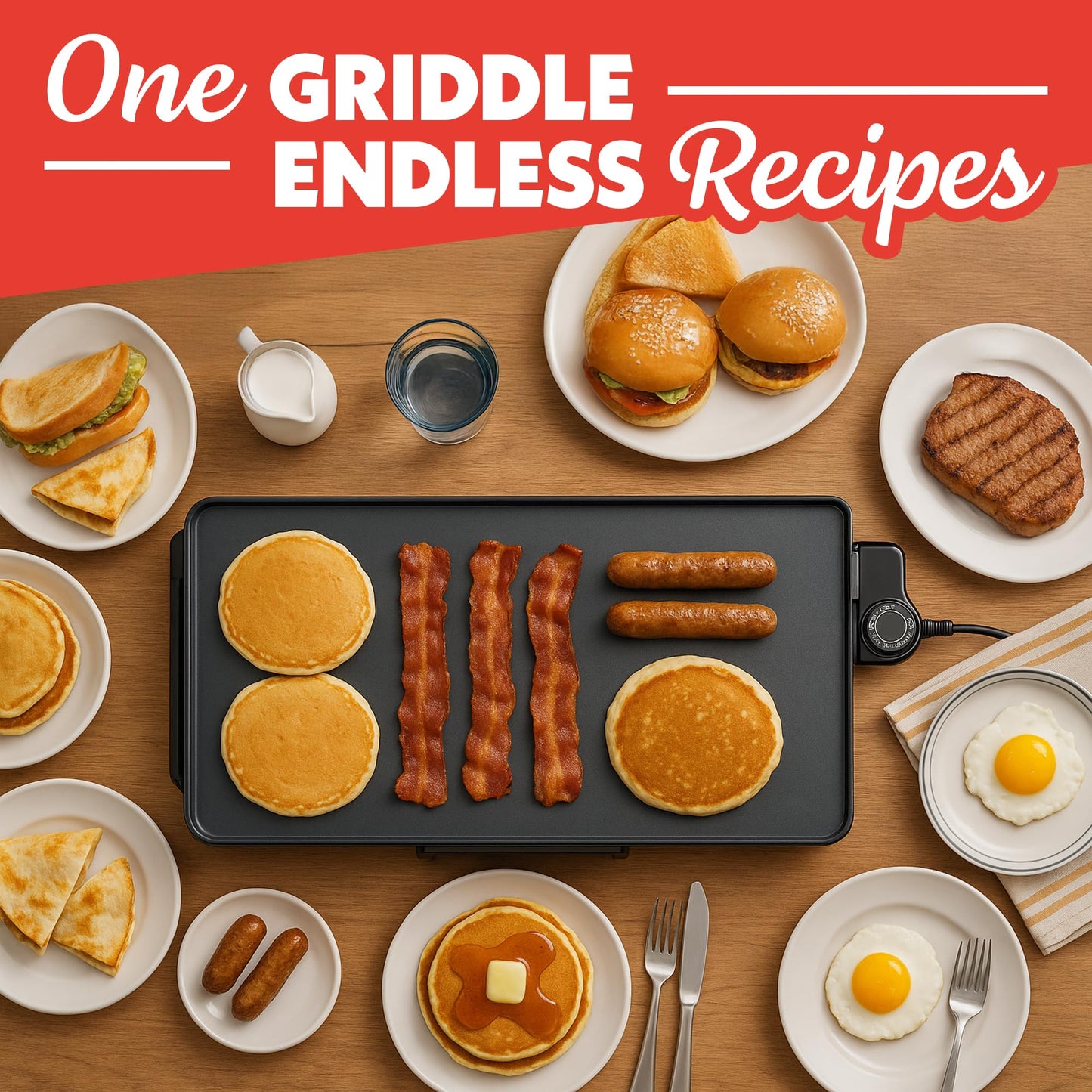 Gourmia 22 Inch XL Electric Griddle Pan - Nonstick Extra Large Flat Top Ceramic Surface, Countertop Cooker, Adjustable 200°F–400°F, Pull-Out Drip Tray, Compact Handle-Free Design