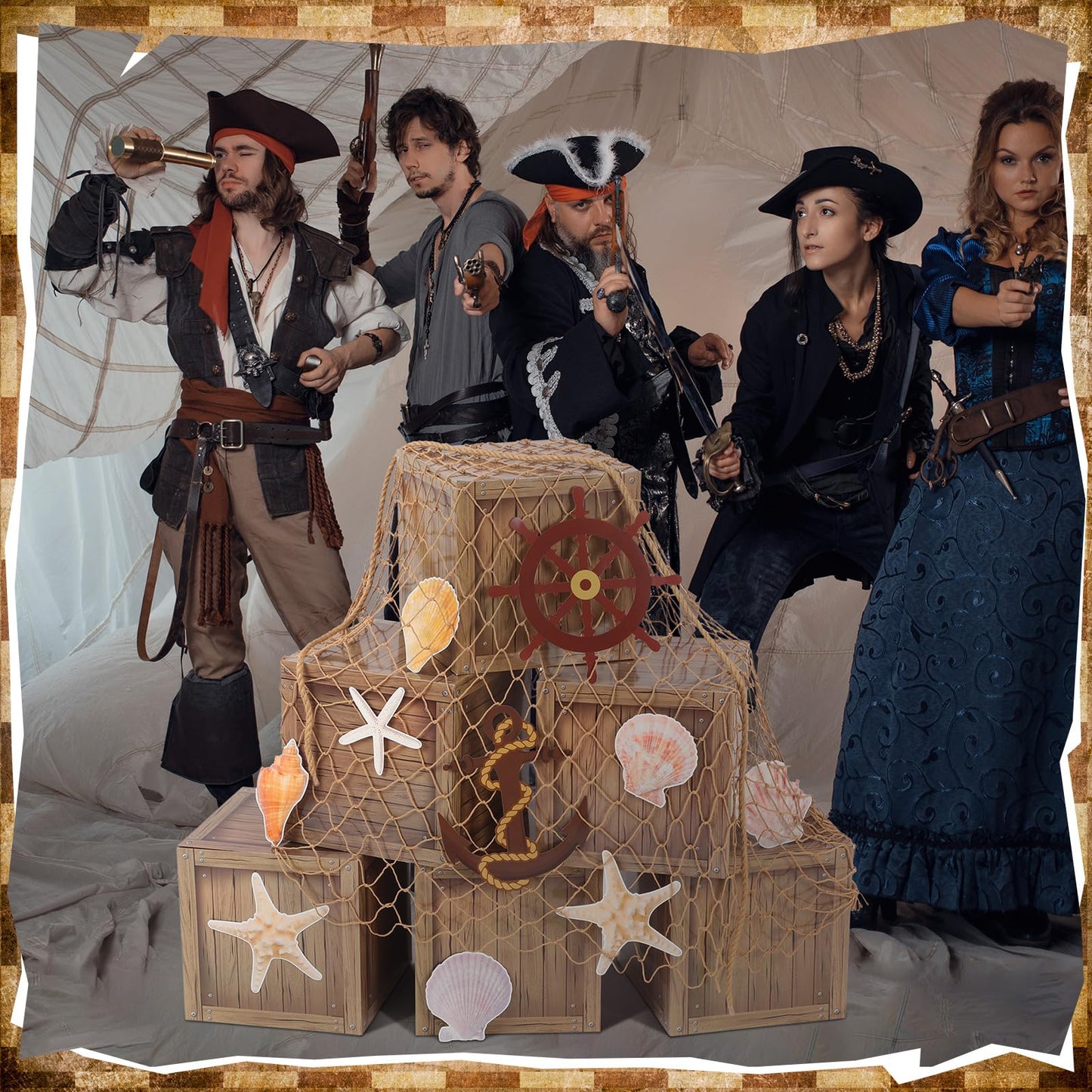 18 Pcs Pirate Party Decorations Imitation Wooden Box Fishing Net Car Trunk or Treat Decor Ocean or Pirate Party Favors Adventure Birthday Photo Booth Props(Wood)