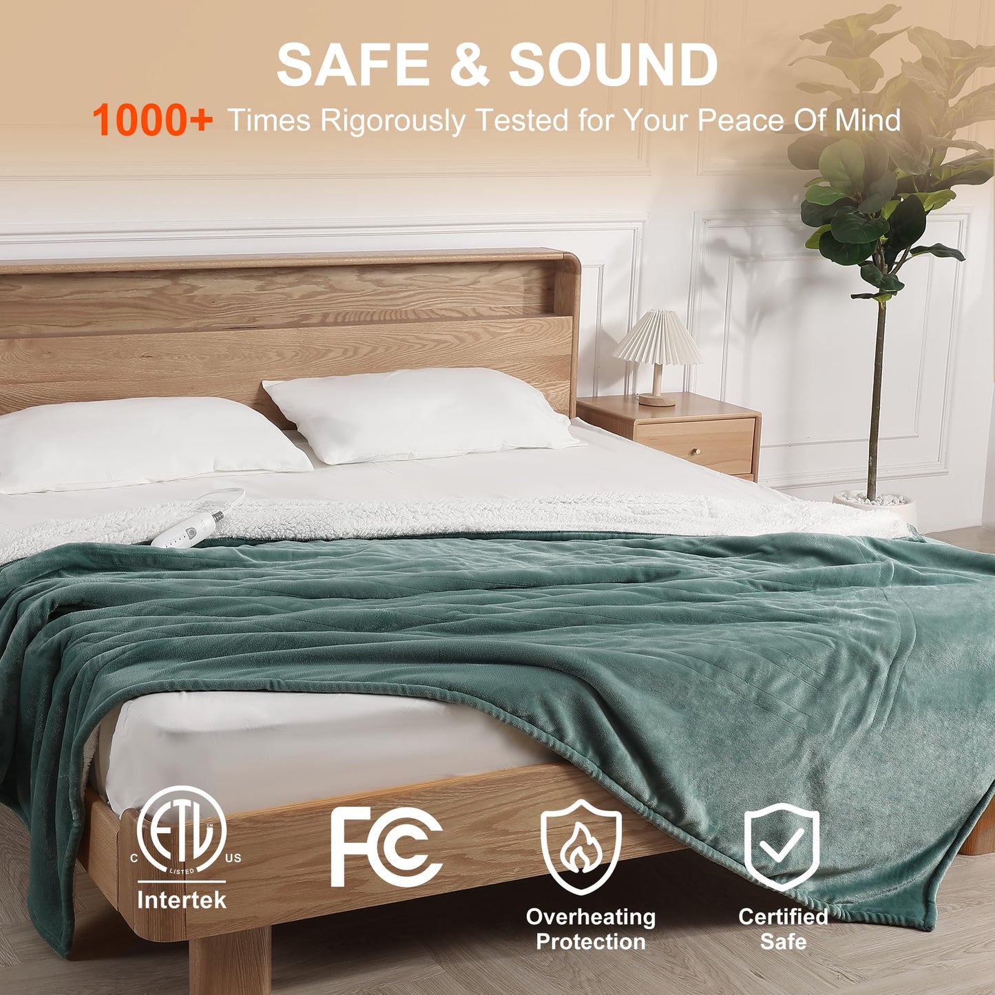 Electric Blanket Twin 62''X84'' Heated Blanket Green, Ultra Soft Silky Flannel & Fluffy Sherpa Heating Blanket with 5 Heat Levels & 10 Hrs Timer, ETL Certified & Overheat Protection, Gifts for Grandma