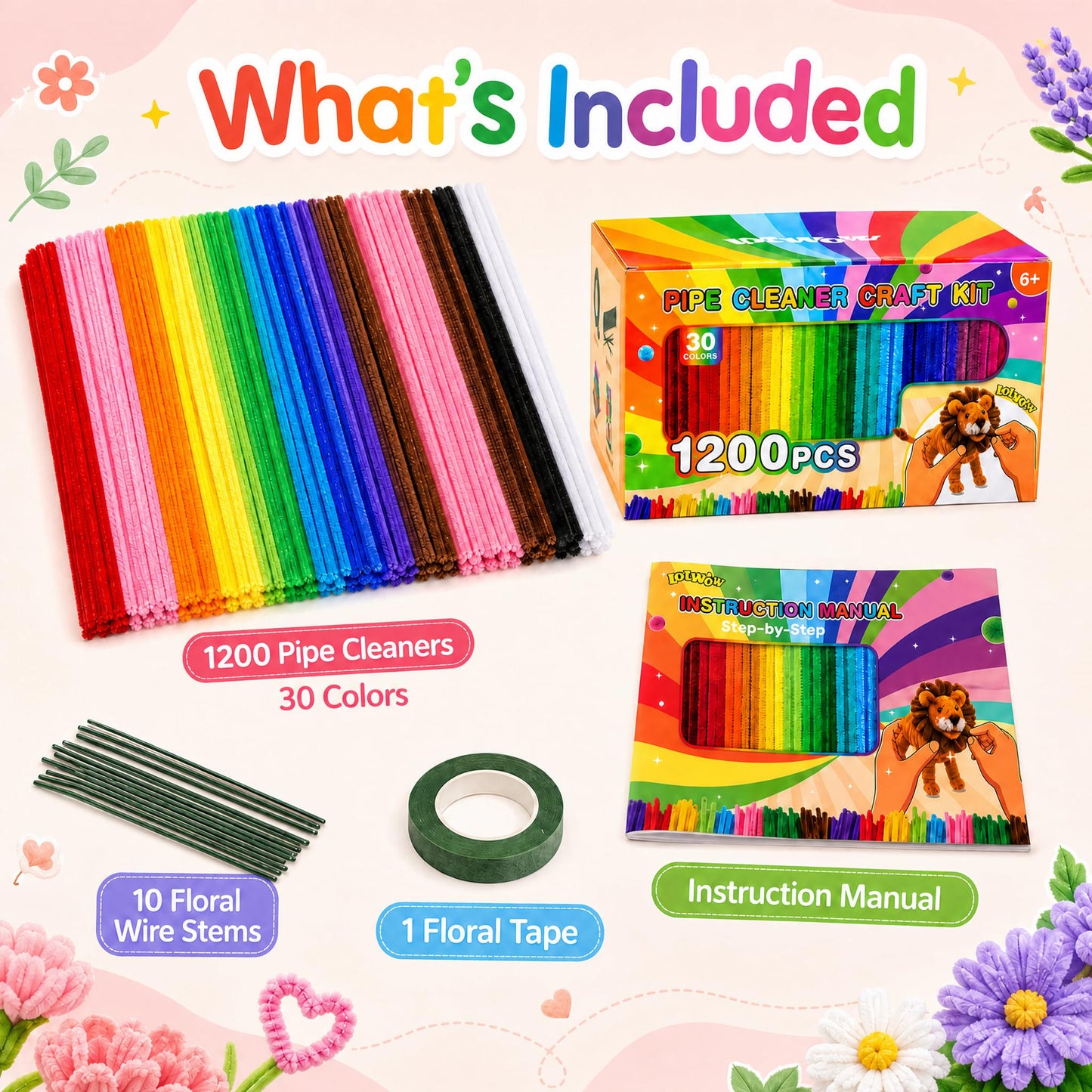LOTWOW 1200PCS Pipe Cleaners Bulk 30 Colors, 18 DIY Projects & Video Guides