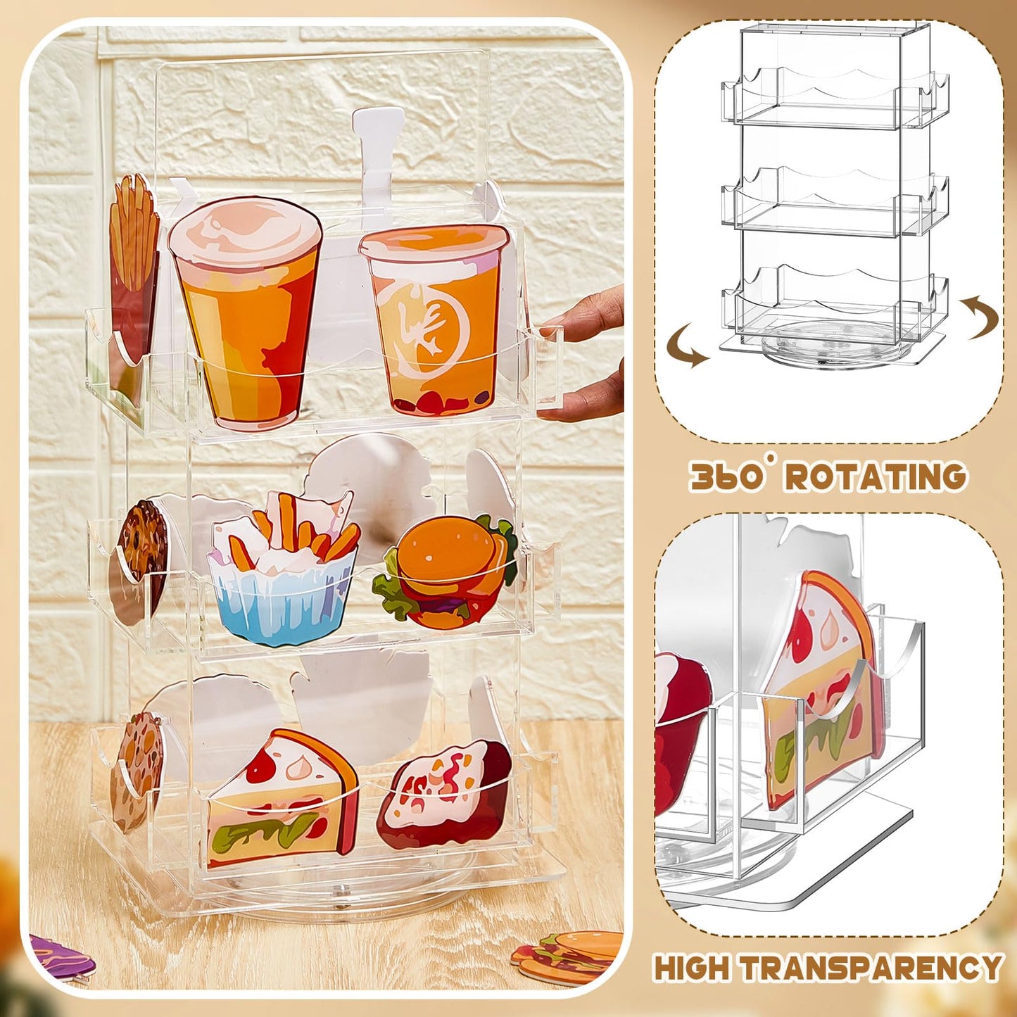 Marsui Sticker Display Stand, 3 Tier Rotating 4 Sided Sticker Holder, 360° Rotating No Assembly Required Clear Acrylic for Bookmark, Stickers, Greeting Card for Vendors(12.6 x 8.07 x 5.9 Inches)