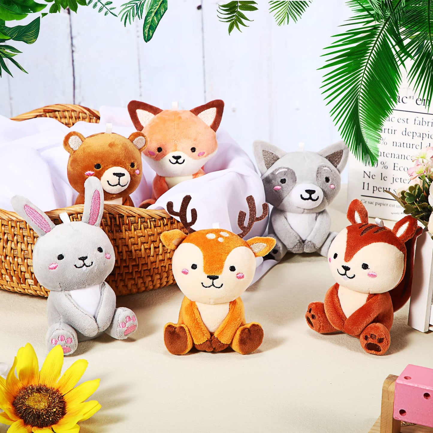 Suilung 12 Pcs Mini Woodland Stuffed Animals Bulk 4'' Woodland Animal Plush Toys Cute Bear Rabbit Raccoon Fox Deer for Baby Shower Party Centerpiece Birthday Gifts Classroom Prizes