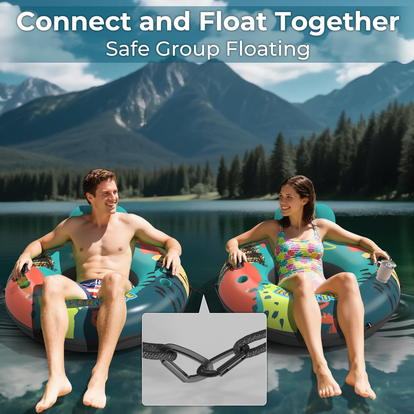 53" Heavy Duty River Tube Float for Adults,Inflatable River Raft Float for Pool Lake Beach with Built-in Cup Holders, Ergonomic Backrest,Durable Grip Handles & Grab Rope, 360Lb Weight Capacity