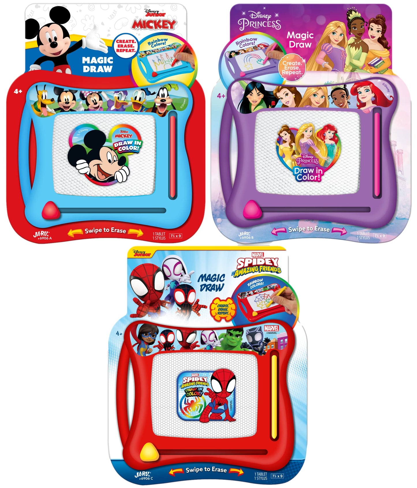 Disney Princess, Mickey Mouse, and Marvel Spiderman Magic Draw-Magnetic Drawing Pad (3 Pack Assorted) by Ja-Ru. Car Trip Toys | Mess-Free Small Kids Write Board | Travel Entertainment. ABC-6906-3s