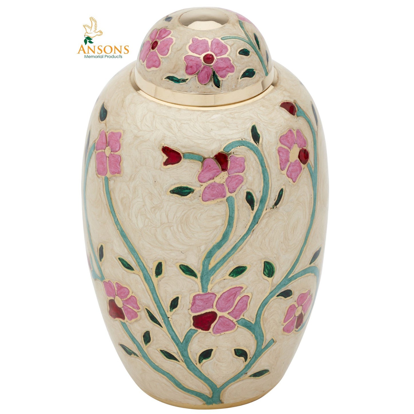 Ansons Urns Cremation Urn - Flower Funeral Urn for Human Ashes - Burial urn with Lacquer Finish - 100% Brass - Flora Cream
