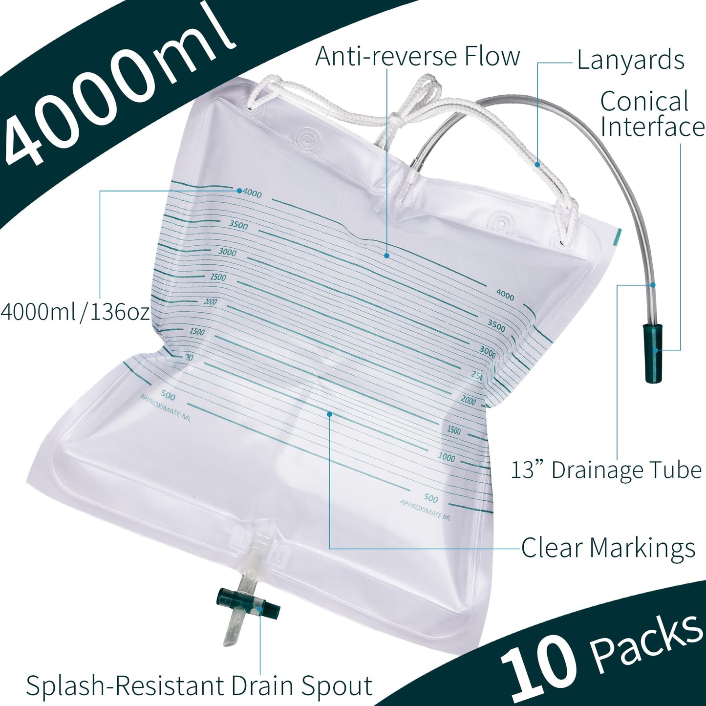 10 Packs 4000mL Urinary Drainage Bags,Overnight Drain Bags with Anti-Reflux, Extra Large Volume Urine Bag, Urinal Collector Urinary Bags