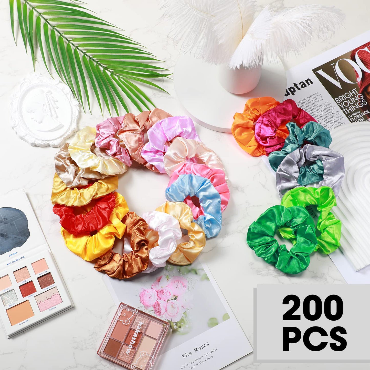 200 Pieces Satin Hair Scrunchies Bulk, 52 Colors Scrunchies for Ponytail Holder Solid Color Satin Hair Tie Hair Elastics Bands for Women Teens Birthday Gift