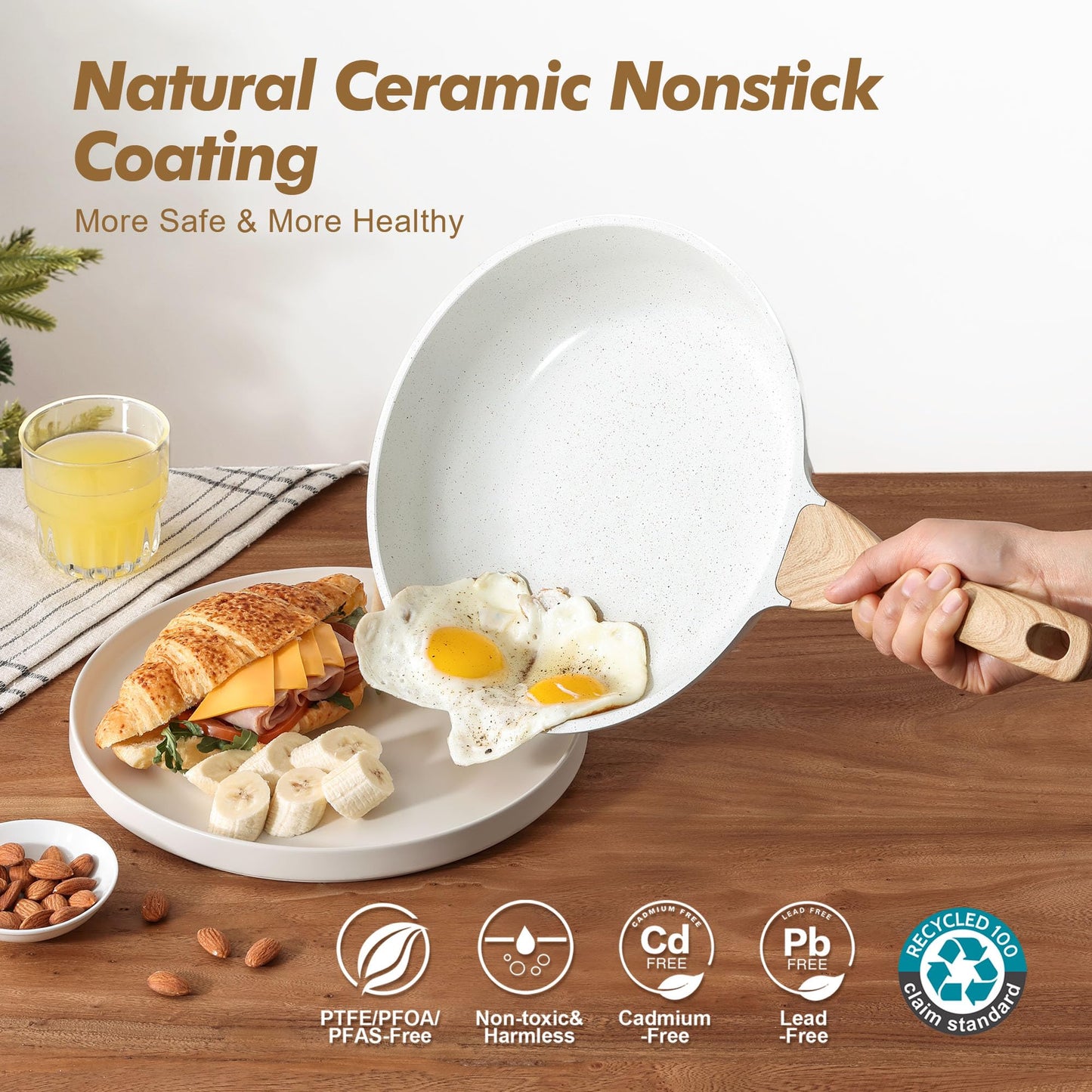 SENSARTE Nonstick Frying Pan Skillets, Ceramic Coating Omelette Pans, Healthy Cookware Chef's Pan, White, Free of PTFE & PFAS (8+10 Inch)