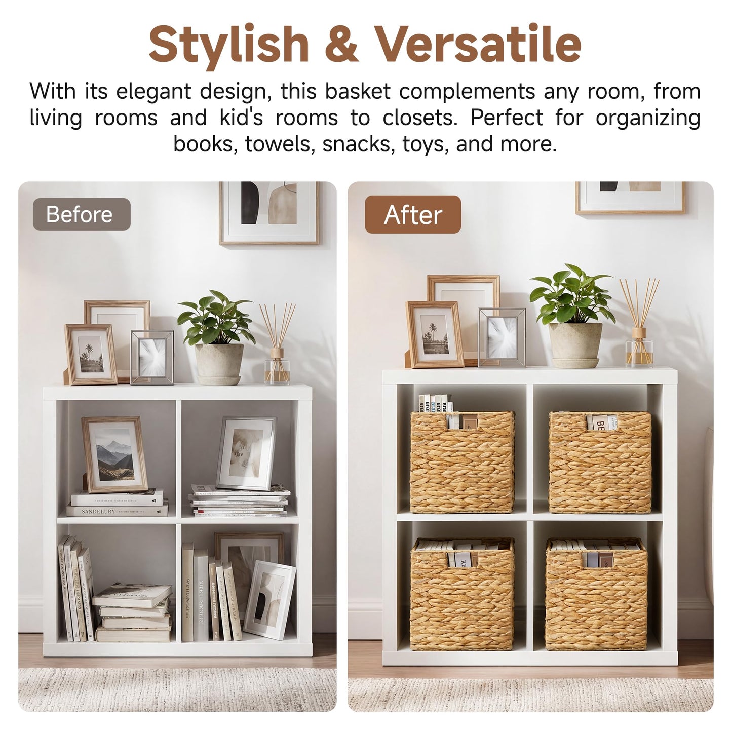 StorageWorks 10.5 inch Wicker Storage Baskets, Handwoven Wicker Basket for Organizinng, Foldable Water Hyacinth Square Storage Cubes, Natural, 4Pack